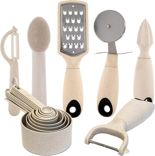 Beille 7pc Wheat Straw Complete Kitchen Utensils Set, Cream