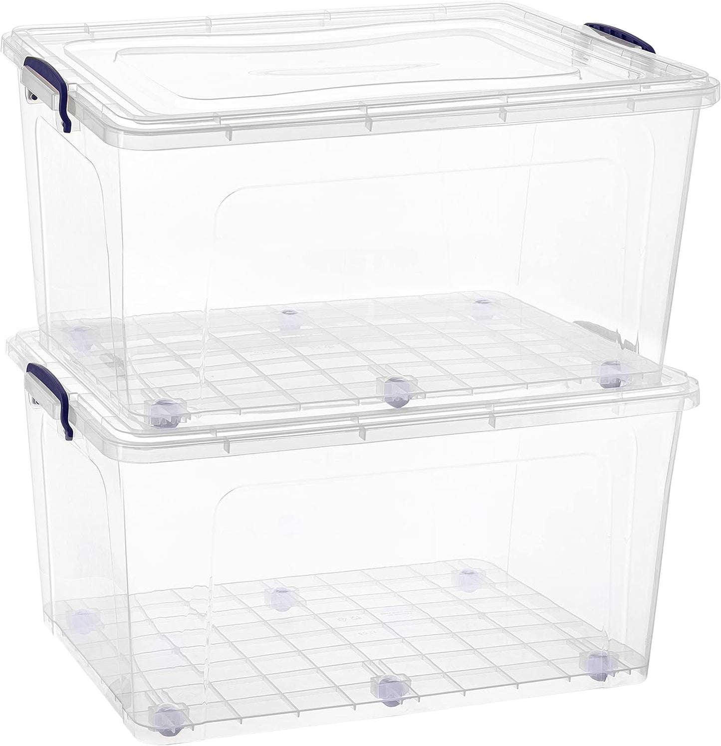 Superio Clear Storage Boxes with Wheels (2 Pack), 85 Qt Heavy Duty Containers with Lids, Stackable Rolling Bins for Home, Garage, Closet Organization- Linen, Tools, Clothing, Supplies