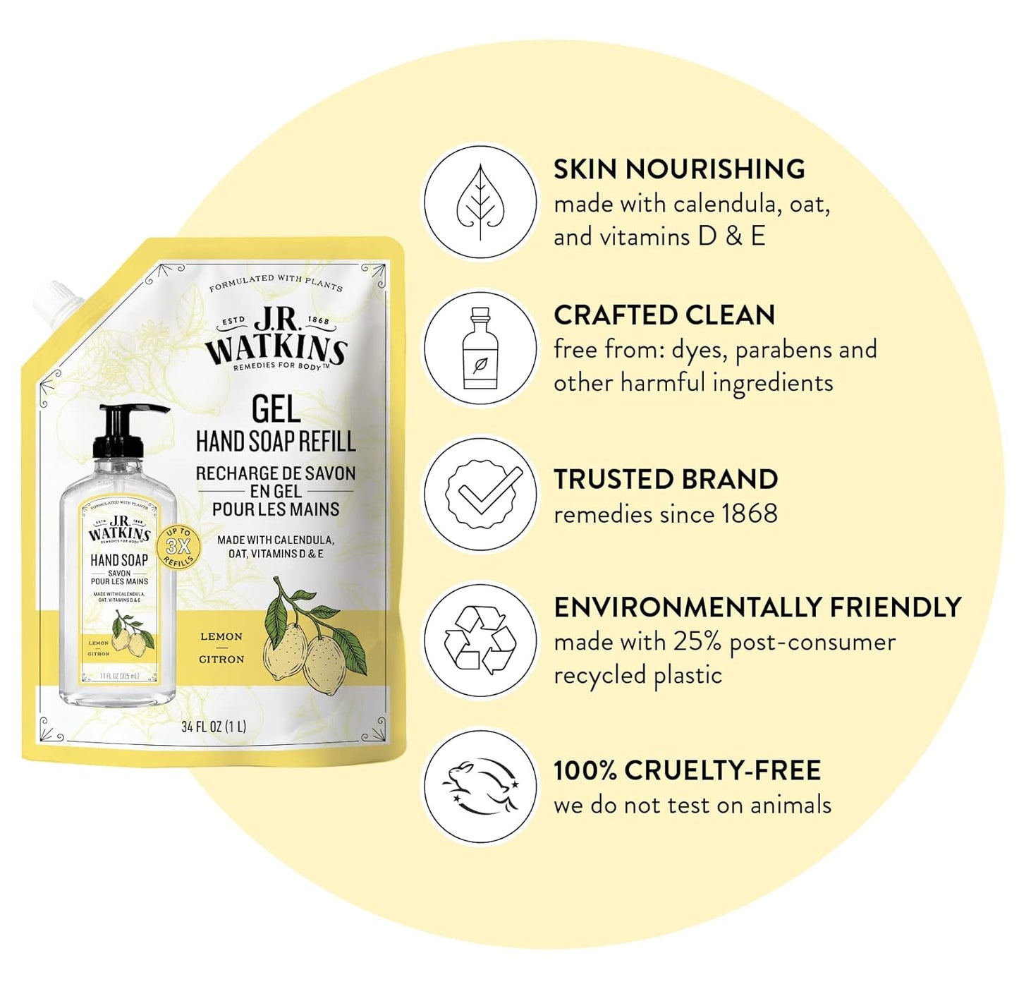 J.R. Watkins Gel Hand Soap Refill Pouch, Scented Liquid Hand Wash for Bathroom or Kitchen, USA Made and Cruelty Free, 34 fl oz, Lemon, 6 Pack