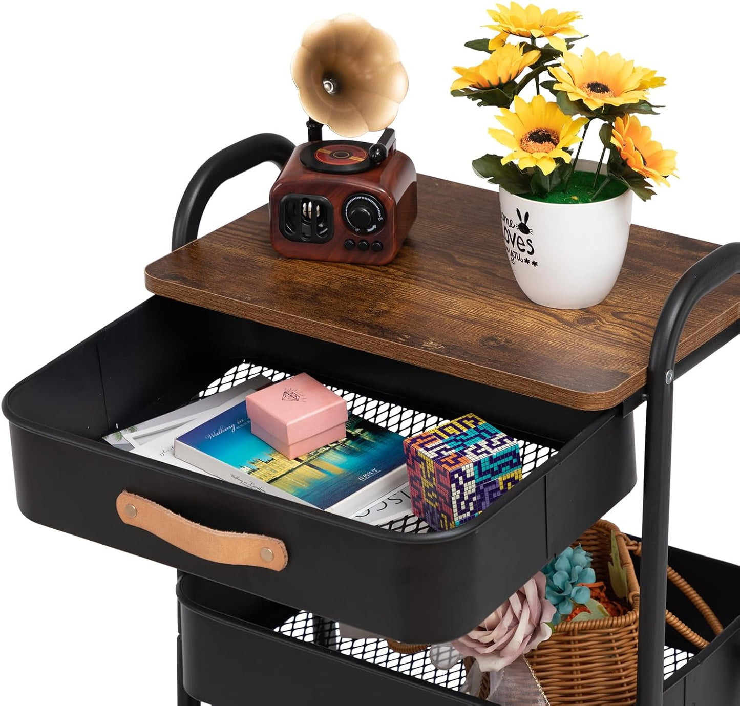 AGTEK Movable Rolling Organizer Cart with Drawer, 3 Tier Metal Utility Cart with Hanging Cups, Drawer with Leather Handle, Mobile Trolley Cart for Home & Office, Black