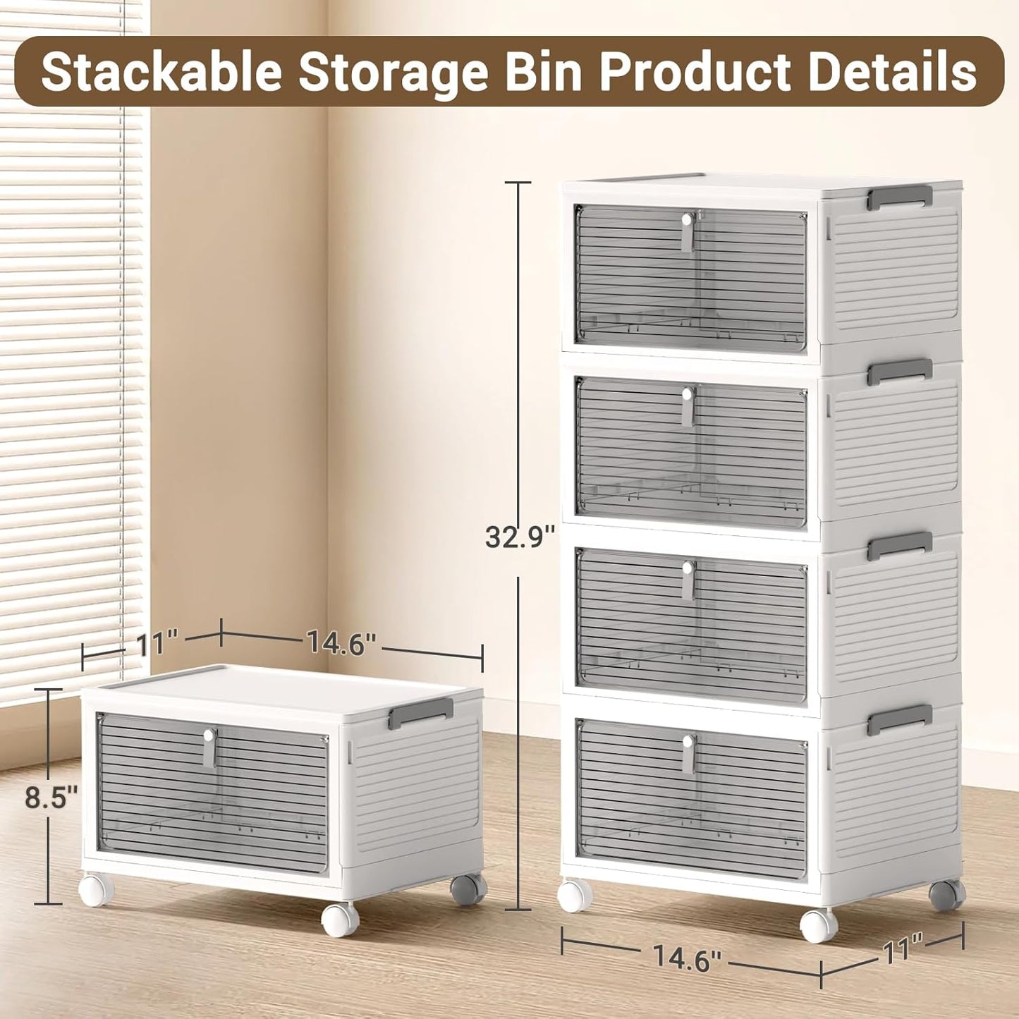 Storage Bins with Lids,4 Tier Stackable Storage Bins with Drawers,4 Pack Collapsible Plastic Storage Boxes with Wheel-1 Lid,23QT Foldable Containers for Closet Living Room Bedroom Office.