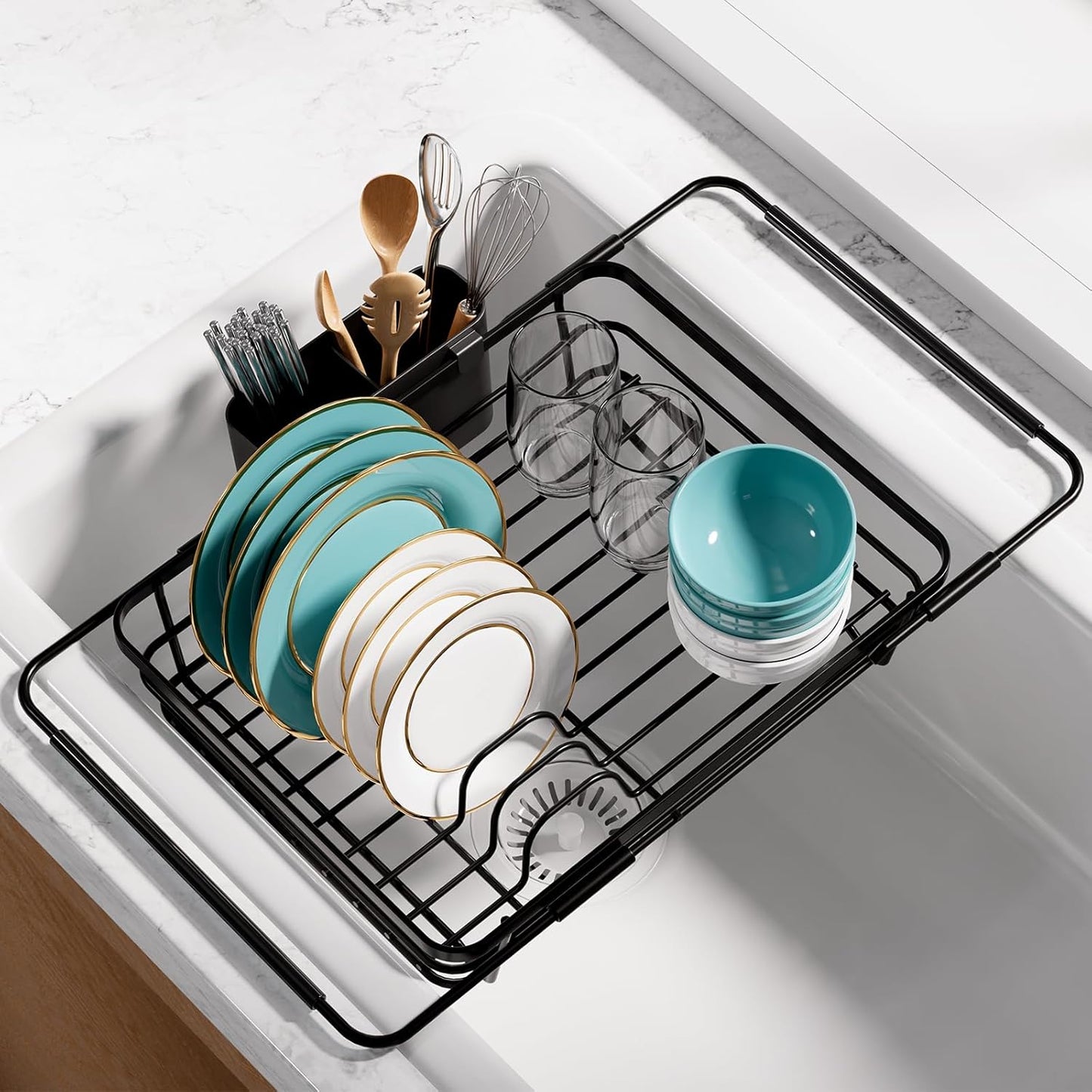 Stainless Steel Dish Drying Rack for Kitchen Counter, Sink Organization and Storage Essentials with Silverware & Utensil Holder, Home and Apartment Decor, 12" W x 15.8~23" L, Black
