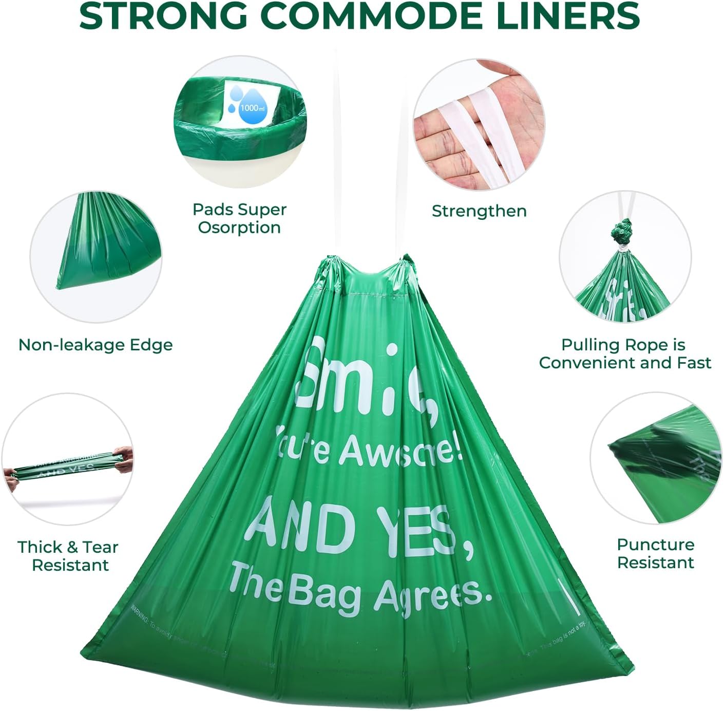 Commode Liners with Absorbent Pads, 120Pack Tear-free Leak-proof Bedside Commode Liners, Universal Disposable Commode/Bed Pan Liners for Bedside Commode, Standard Toilet, Chair Bucket(120Bags+120Pads)