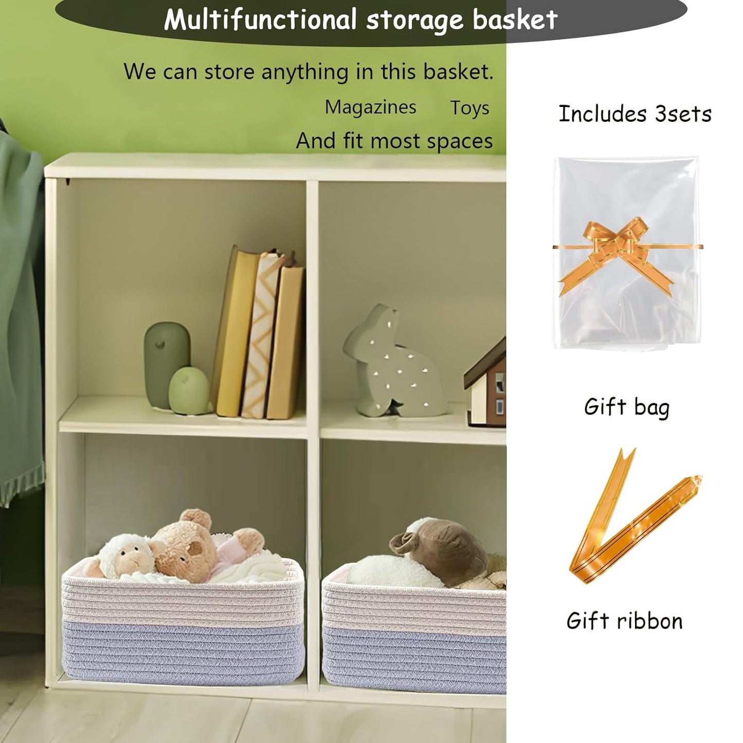 COMFY-HOMI 13" x 8.5" x 5.1" Storage Baskets for Organizing | Cotton Rope Woven Basket | Toy Storage Bin Box | Basket for Shelves, Closet Organizer Bin, Decorative Closet Shelf, 3 Pack, white/bule