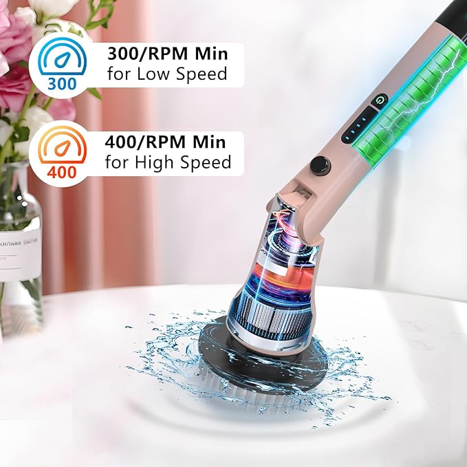 Electric Spin Scrubber, Hillyfe Bath Scrubber for Cleaning with 7 Replaceable Brush Heads, IPX7 Waterproof,300/400 RPM, 3 Adjustable Size,Cordless Shower Cleaner Brush for Bathroom Floor,Pink