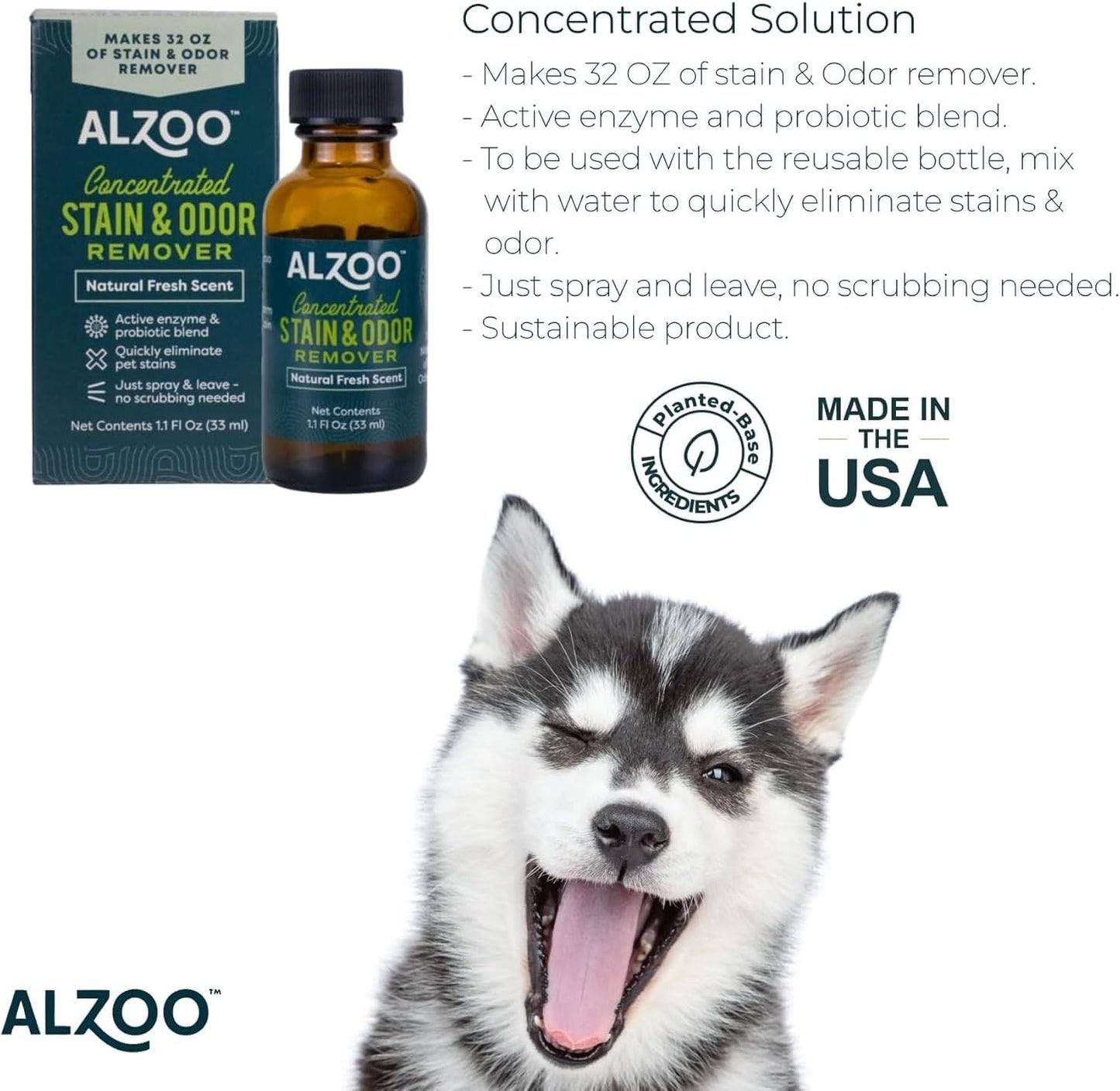ALZOO Concentrated Stain & Odor Remover Refill Bottle, 100% Plant-Based Active Ingredients, 1.1 Fl. Oz, Pack of 3