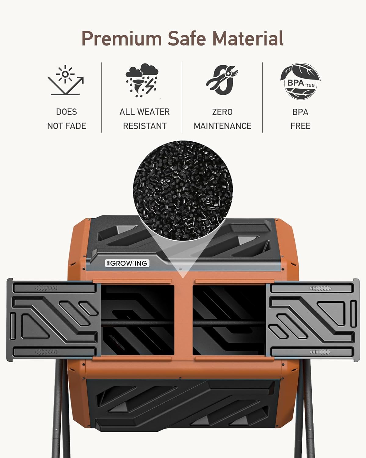 THEGROW'ING Updated 43 Gallon Outdoor Compost Bin. with Thermometer, Fast to Assemble. Tumbling Design, Dual Chambers. Rotating Function, Ideal for Outside, Backyard, Garden, Yard. Orange.