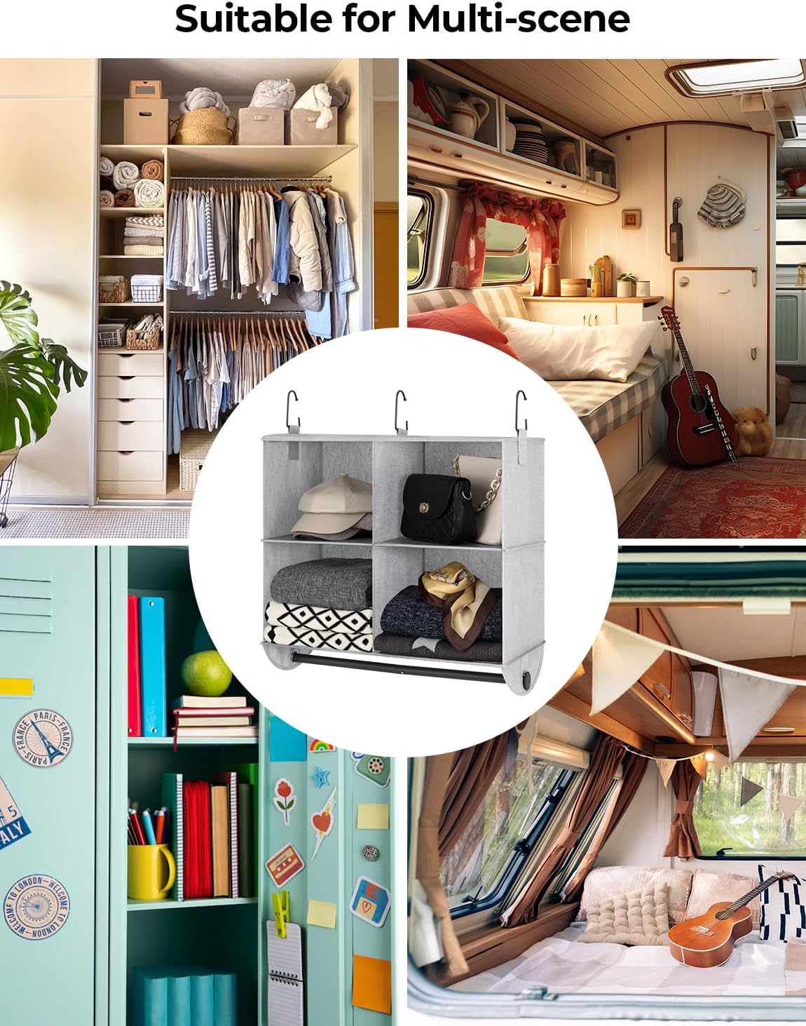 StorageWorks Hanging Closet Organizer with Metal Rod, 4-Section Closet Organizers and Storage, Collapsible Hanging Shelves for Closet, Bedroom, Kids Dorm Room, RV Camper, Gray and White