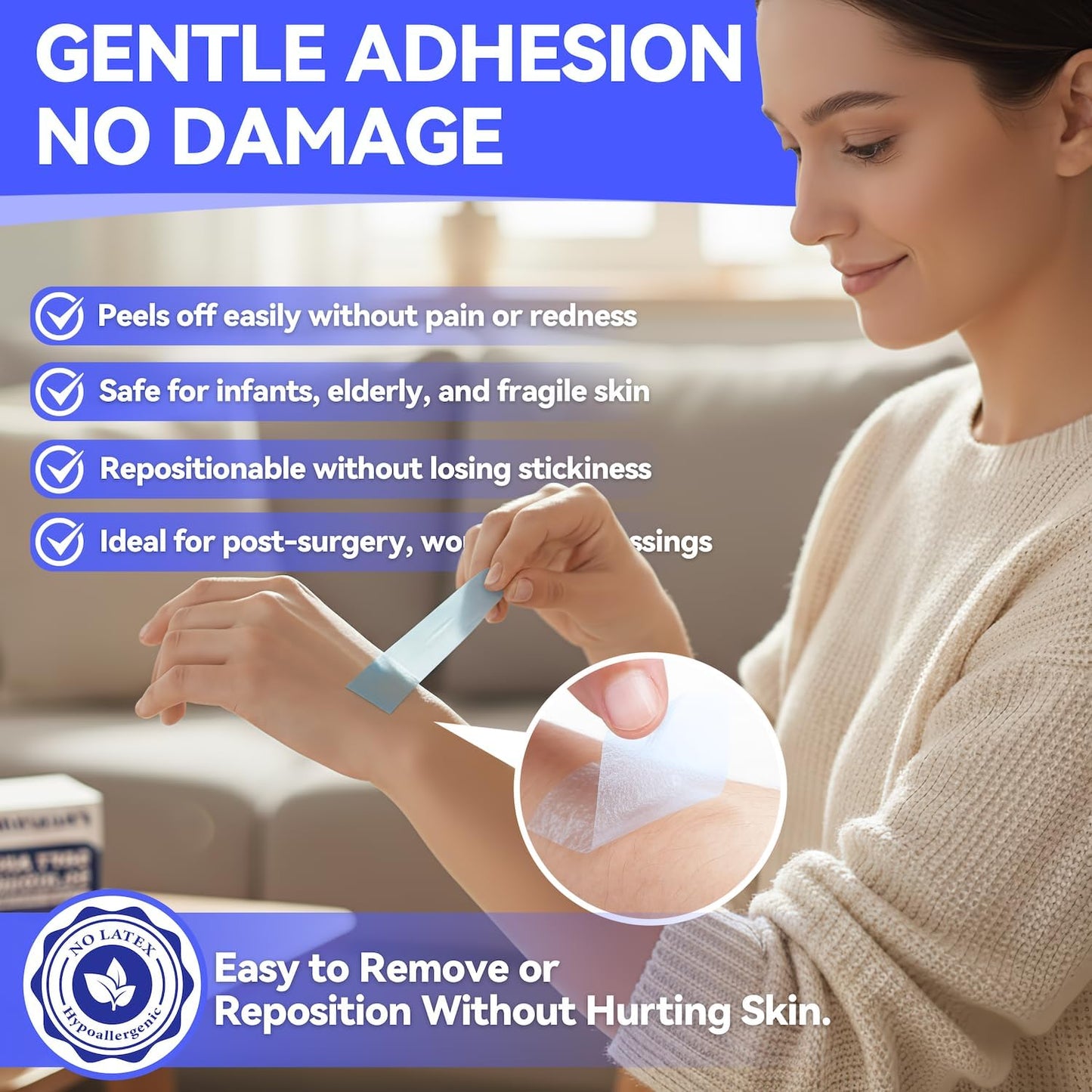 FRESINIDER Silicone Medical Tape – 1" x 1.5 Yard Blue 4 Rolls, Pre-Cut, Waterproof & Repositionable, Pain-Free Removal, Hypoallergenic Adhesive for Sensitive Skin, Wound Care & First Aid Use