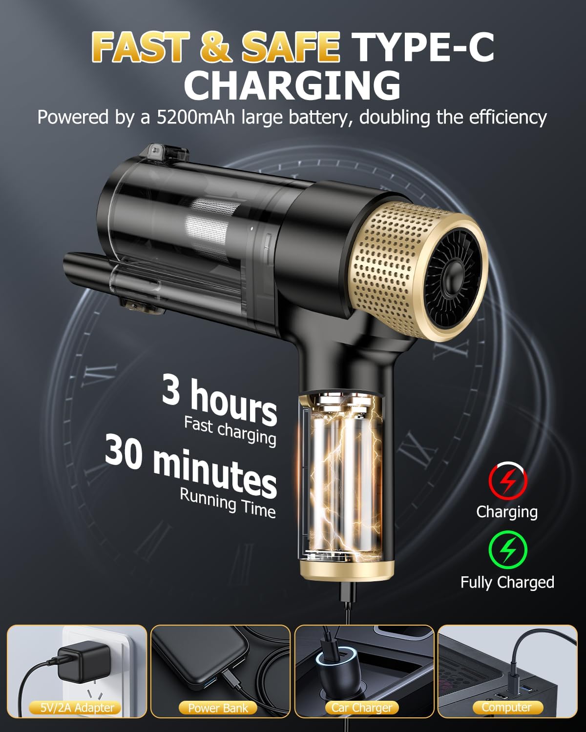 AHNR Handheld Car Vacuum Cleaner Cordless with 16000PA Powerful Suction, 4-in-1 Portable Mini Vacuum Cleaner & Air Duster with Multi-Accessories, Hand Held Vacuum Cordless Rechargeable for Car Home