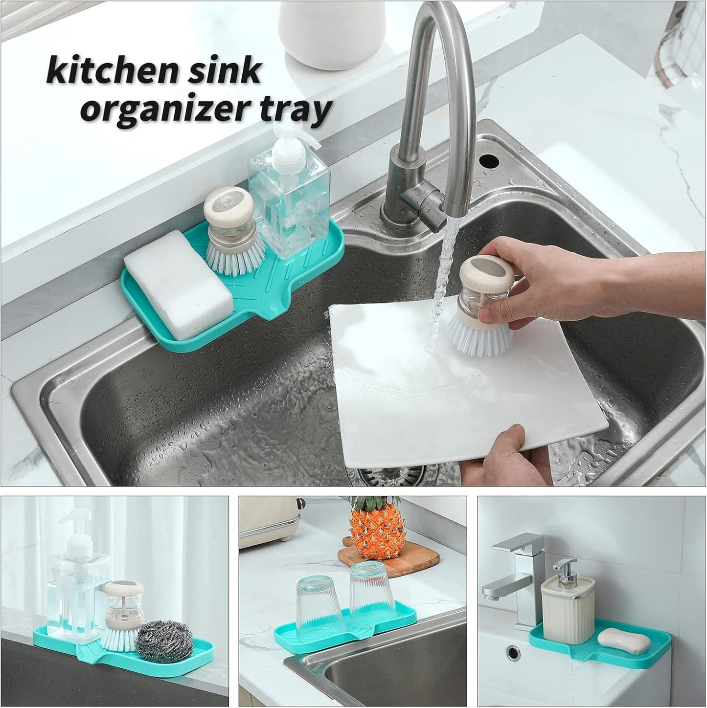 Silicone Bathroom Soap Dishes with Drain Spout-Bathroom and Kitchen Sink Organizer,Sponge Holder,Dish Soap Tray,Perfect for Dispenser,Scrubber,Bottle,Cup on Sink or Counter-Mint 9.6"×5.3"