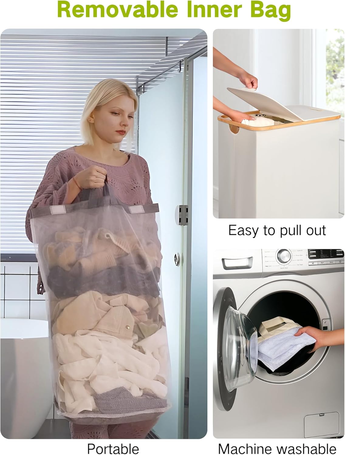 efluky Double Laundry Hamper with Wheels, Divided Laundry Hamper with Removable Bags, 2 Section Dirty Clothes Basket with Handles for Bathroom, Bedroom & Laundry Room, 160L Beige