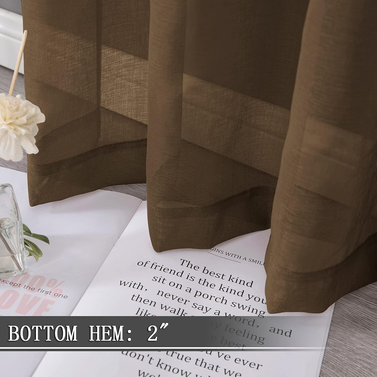 Tollpiz Short Sheer Tier Curtains Linen Textured Half Kitchen Curtain Sheers Light Filtering Rod Pocket Voile Small Curtain for Bathroom, 25 x 24 inches Long, Brown, Set of 2 Panels