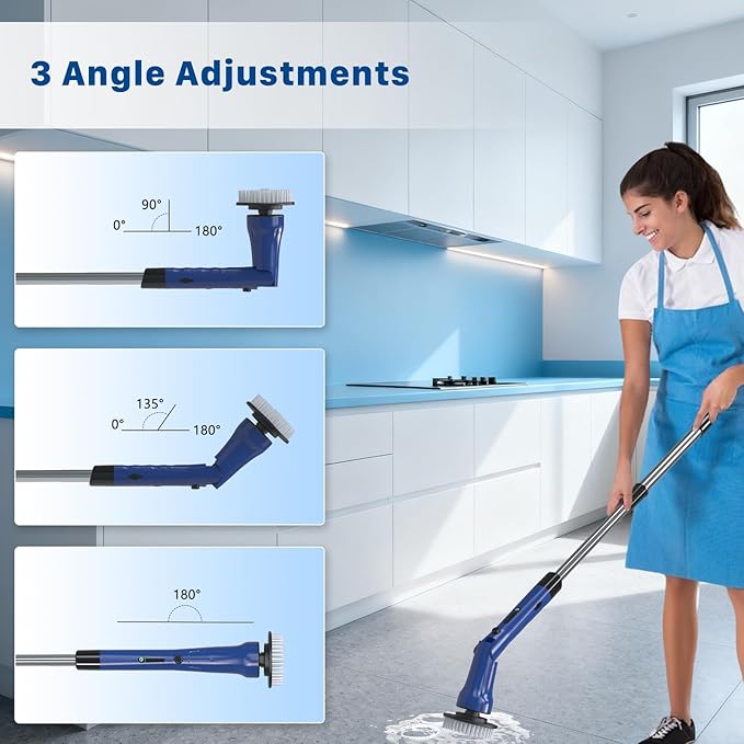 Electric Spin Scrubber, Hillyfe Bath Scrubber for Cleaning with 7 Replaceable Brush Heads, IPX7 Waterproof,300/400 RPM, 3 Adjustable Size,Cordless Shower Cleaner Brush for Bathroom Floor,Blue