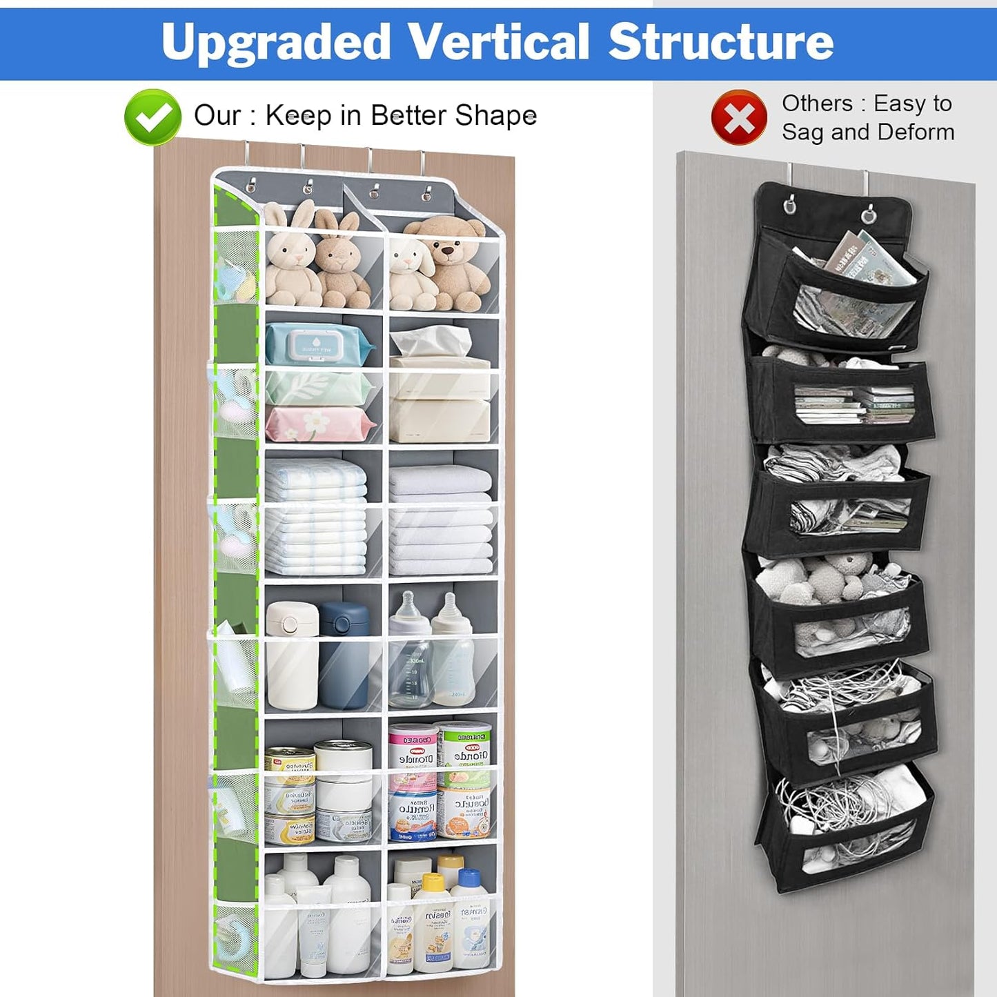 Univivi Over the Door Organizer 6 Tiers, Extra Large Door Hanging Organizer with Clear Deep Pockets Over the Door Storage for Closet, Bedroom, Nursery, Bathroom and Pantry (Grey)