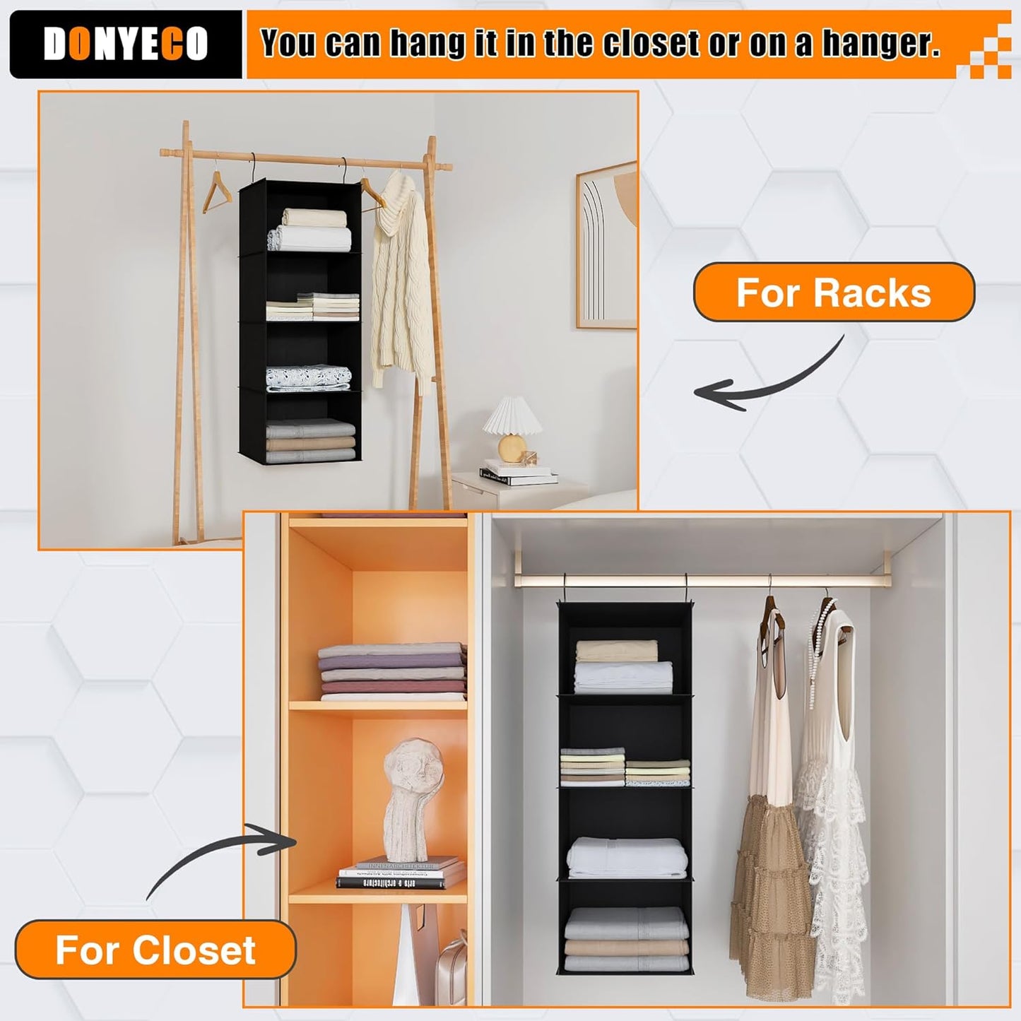 Hanging Closet Organizer, Easy Mount Foldable 4-Shelf Hanging Closet Wardrobe Storage Shelves, Clothes Handbag Shoes Accessories Storage, Washable Oxford Cloth Fabric, Black