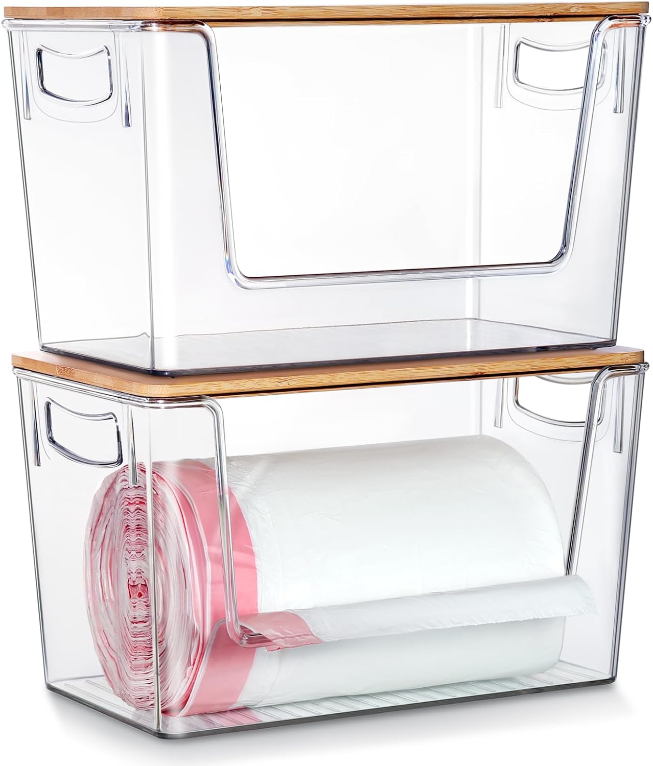 2 Pack Trash Bag Holder Dispenser, Extra Large Garbage Bags Holder, Stackable Trash Bag Holder with Bamboo Top for Laundry Room & Under Sink