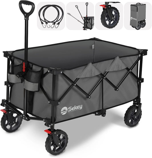 Sekey 220L Collapsible Foldable Wagon with 330lbs Weight Capacity, Heavy Duty Folding Wagon Cart with Big All-Terrain Wheels & Drink Holders (Grey)