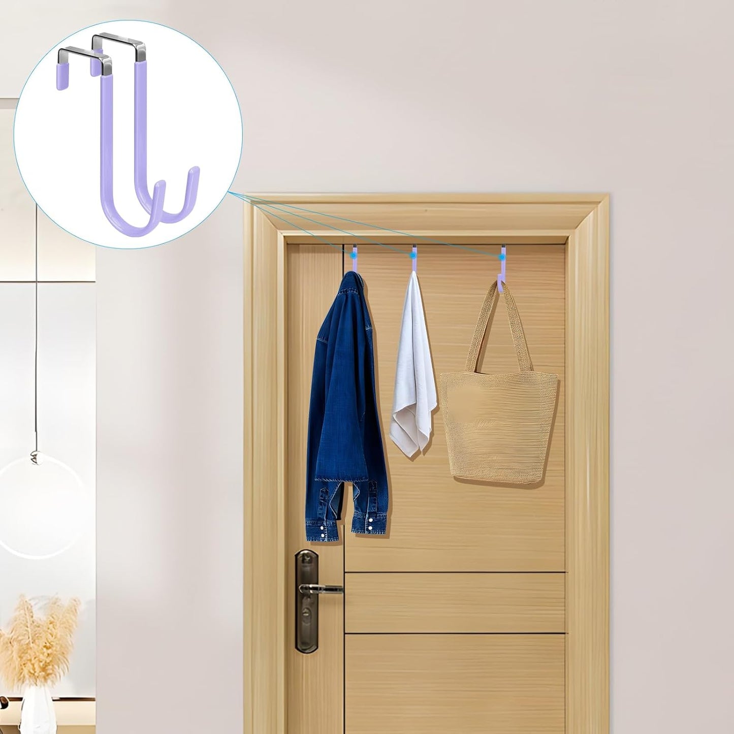 FYY Over The Door Hooks, 4 Pack Door Hangers Hooks with Rubber Prevent Scratches Heavy Duty Organizer Hooks for Living Room, Bathroom, Bedroom Hanging Clothes, Towels, Hats, Coats, Bags Lavender