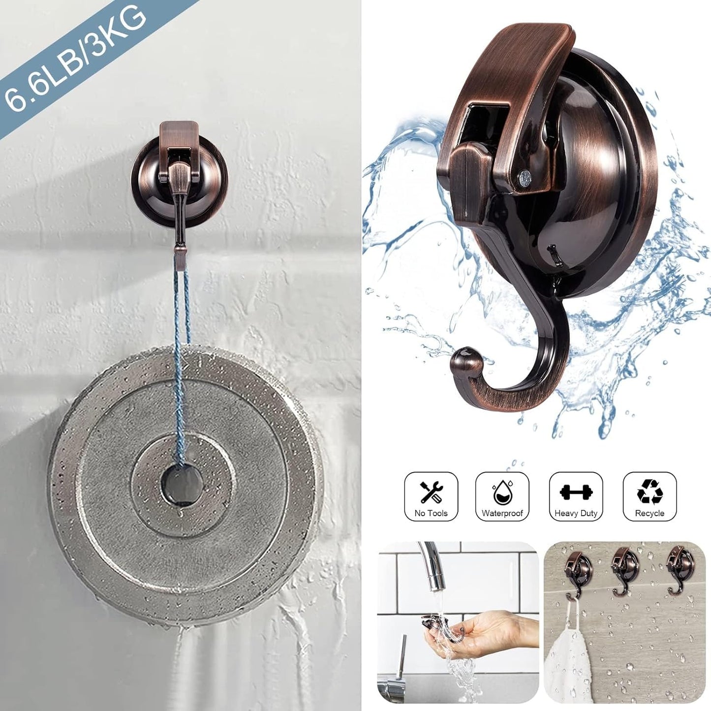 Suction Cup Hooks for Shower, Bathroom, Kitchen, Glass Door, Mirror, Tile – Loofah, Towel, Coat, Bath Robe Hook Holder for Hanging – Waterproof Wreath Hanger (Red Bronze 2Pack)