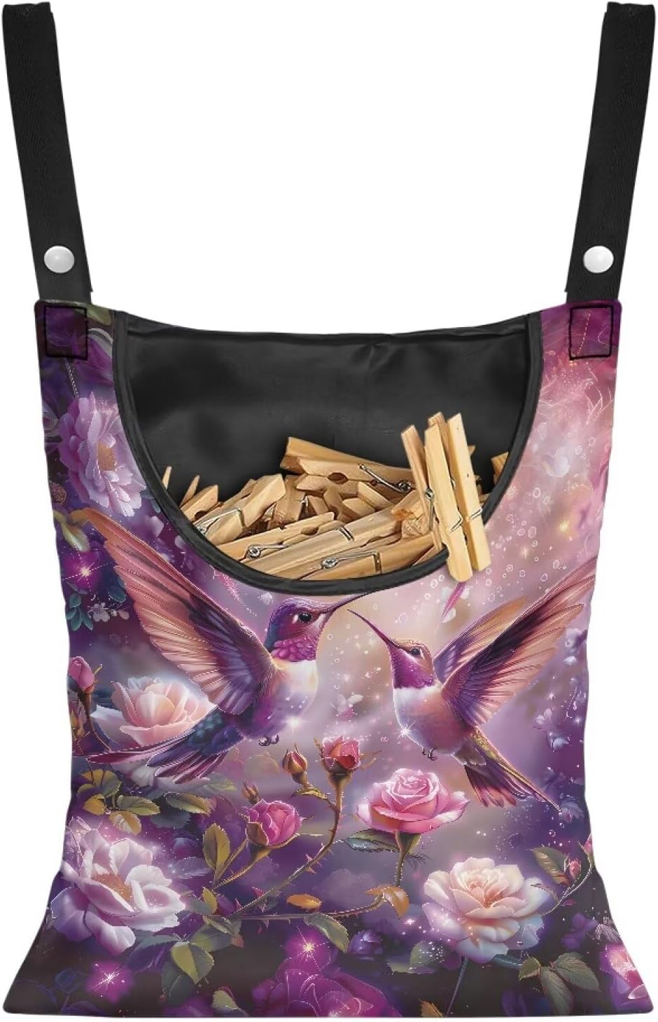 Purple Flower Hummingbird Clothespin Bag with Hanging Hook Summer Laundry Clothes Pin Holder Waterproof Clothes Pin Hanging Bag Clothespin Storage Organizer for Indoor and Outdoor