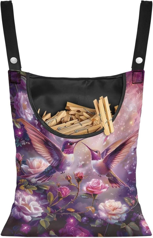 Purple Flower Hummingbird Clothespin Bag with Hanging Hook Summer Laundry Clothes Pin Holder Waterproof Clothes Pin Hanging Bag Clothespin Storage Organizer for Indoor and Outdoor