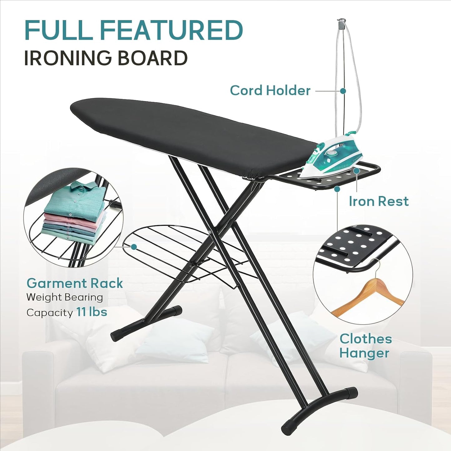 Ironing Board Full Size, RAINHOL 43"x13" Sturdy Iron Board with Iron Rest and Garment Rack, Height Adjustable Metal Construction with Ultra Thick Cover and Padding, Foldable and Heavy Duty