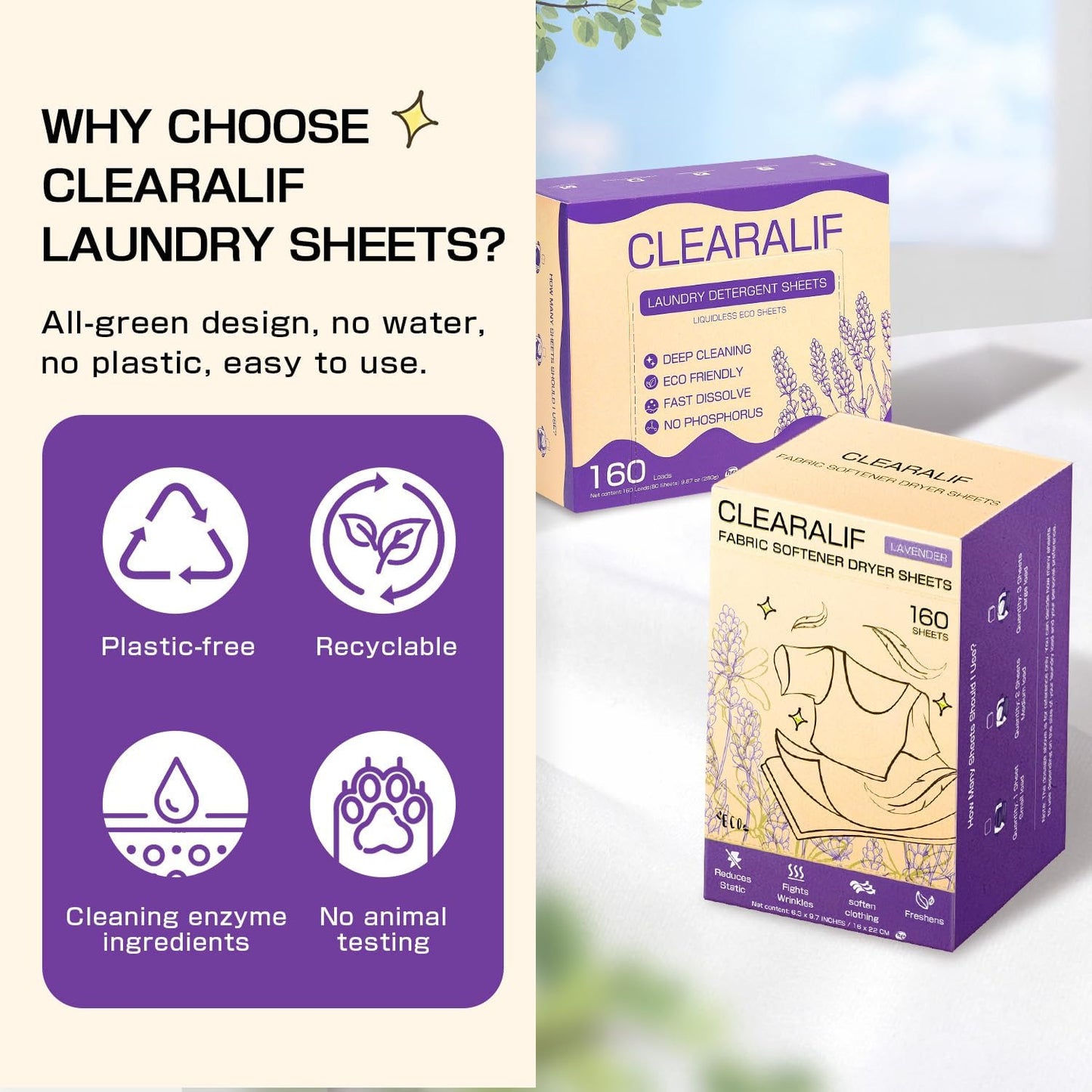 CLEARALIF All in One Laundry Detergent Sheets Kit, Lavender Scent, 160 Loads Laundry Sheets + 160 Drying Sheets, Laundry Set Great for Travel, Softener Sheets Eco Package Friendly & Hypoallergenic