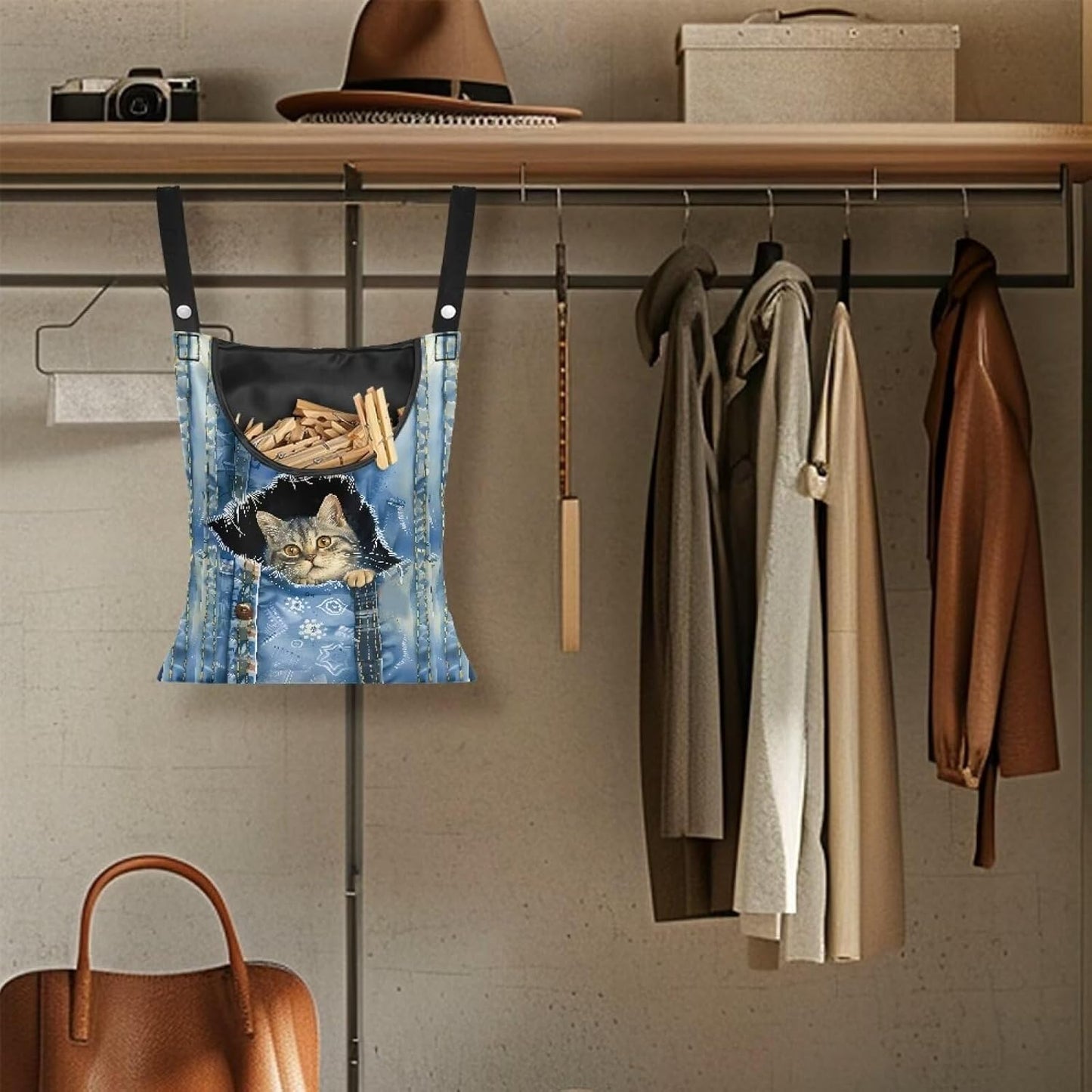 Cat Pin Bag with Hanging Rope, Laundry Hanging Bag, Fits Clothes Lines, Outdoor/Indoor Use