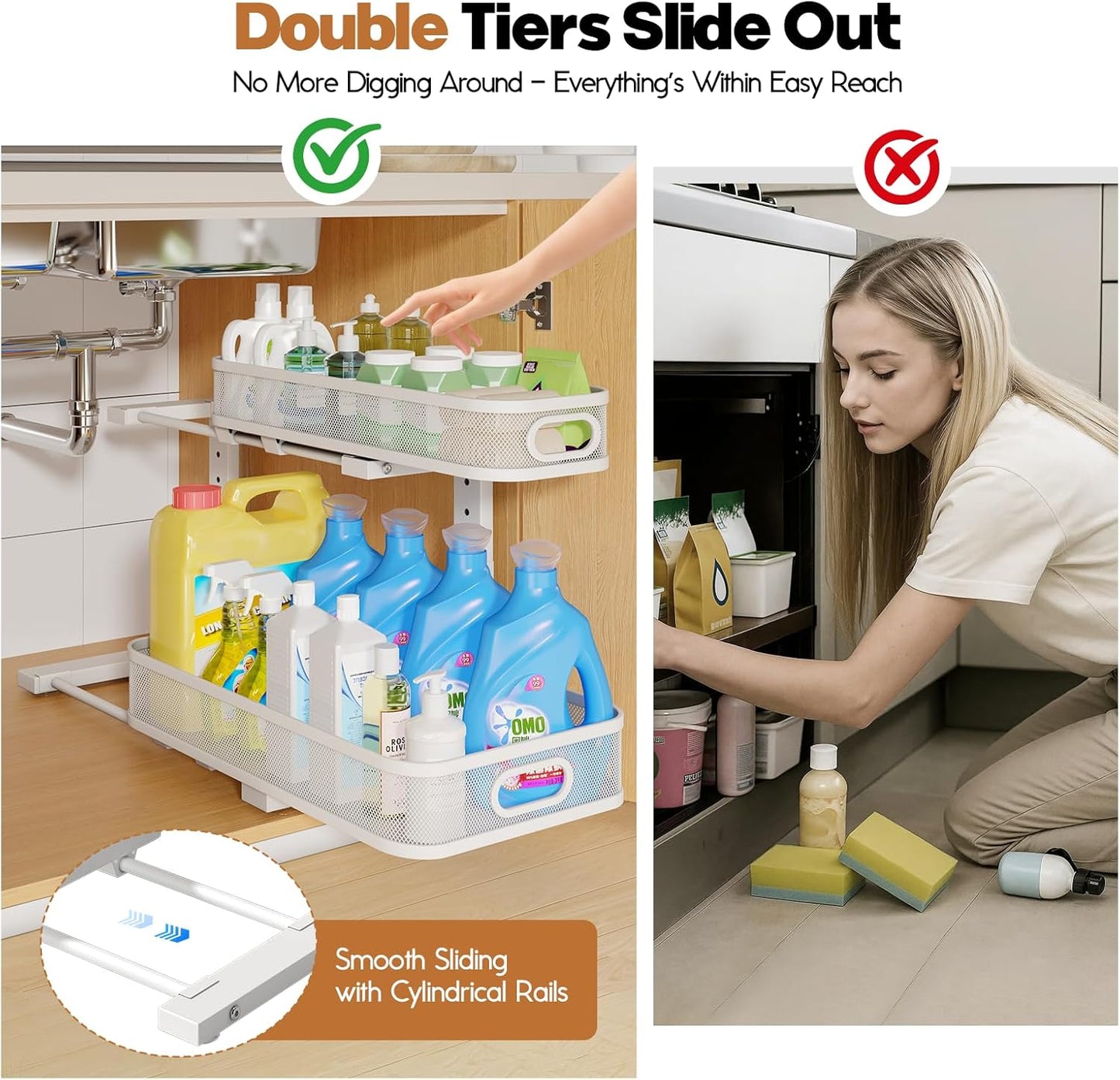 2 Pack 19.3IN-Depth Under Sink Organizer with Smooth Cylindrical Rail,2-Tier Pull Out Multi-Purpose Cabinet Storage for Bathroom&Kitchen,Height Adjustable,Rust-Resistant Coating-White