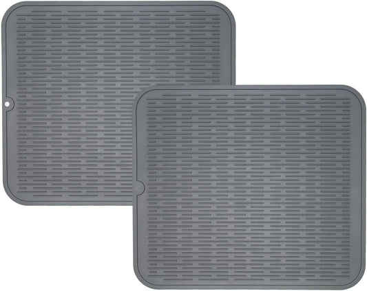 ZLR 2 Pcs Silicone Dish Drying Mats for Kitchen Counter, Eco-Friendly Fast Dry Dish Mat, Easy Clean Multi Usage Drying Matt, Heat Resistant Trivet, 16" x 18" XL, Gray