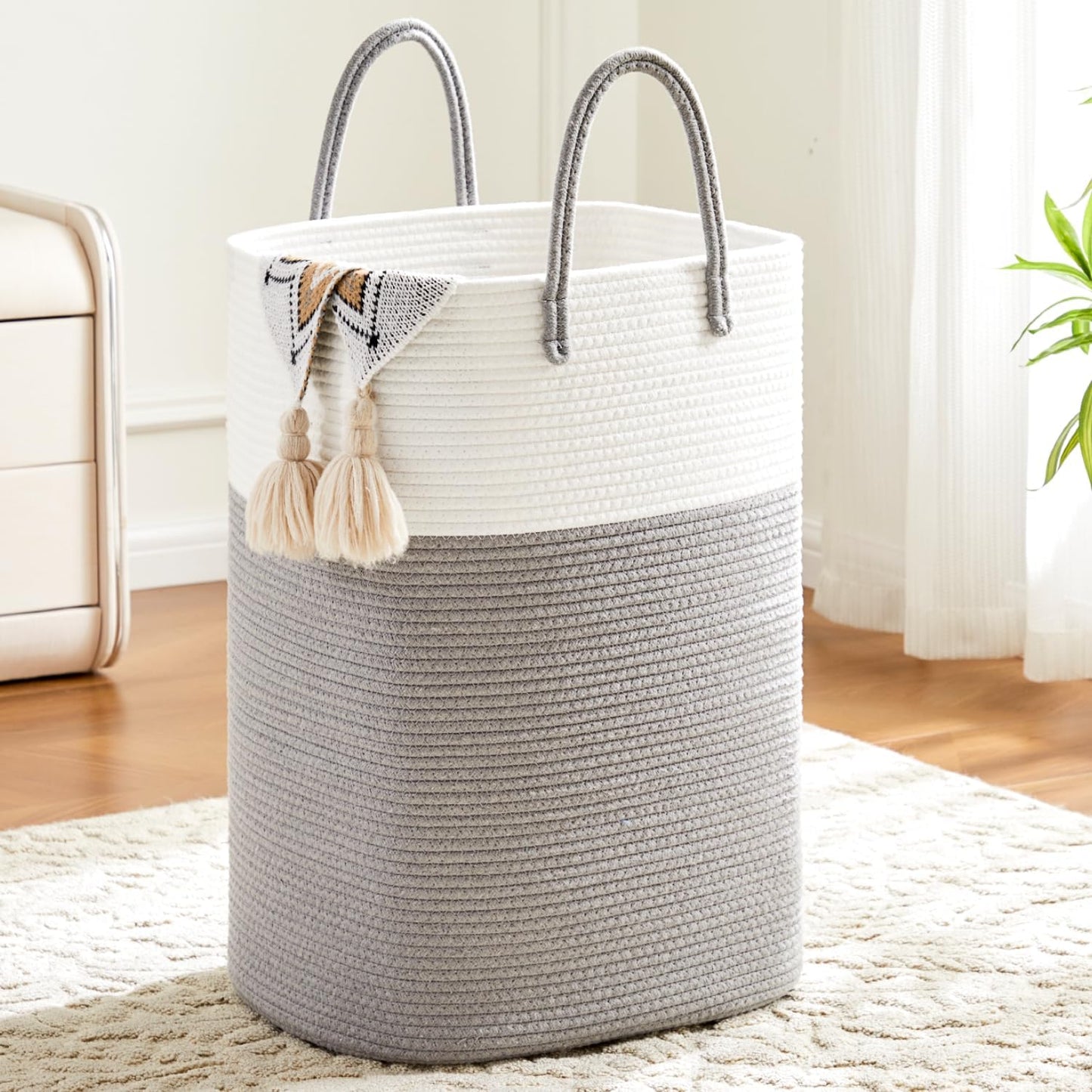 Laundry Basket,Woven Cotton Rope Laundry Hamper,Versatile Storage for Dirty Clothes,Baby Toys,and Blankets in Bathroom, Nursery,and Living Room (Grey, 60L)