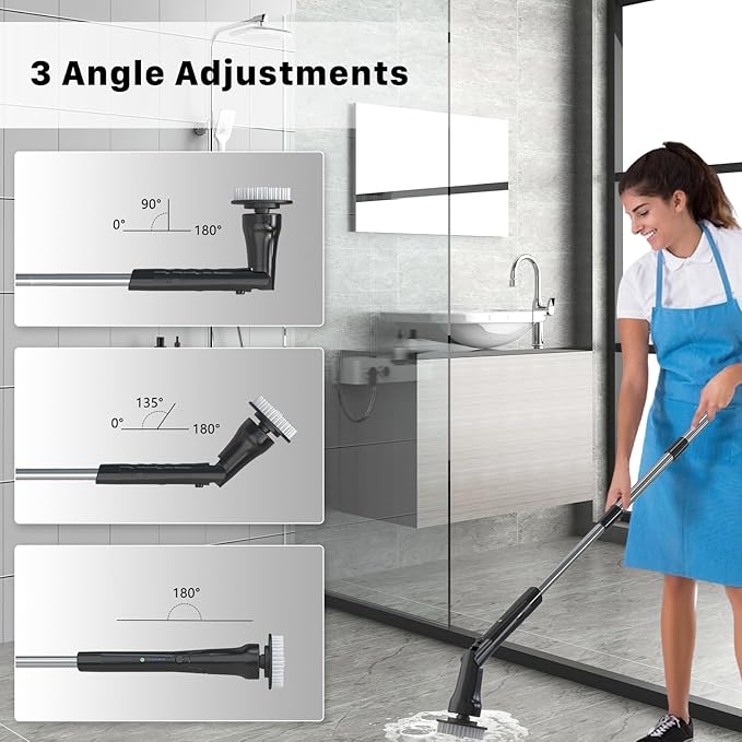 Electric Spin Scrubber, Hillyfe Bath Scrubber for Cleaning with 7 Replaceable Brush Heads, IPX7 Waterproof,300/400 RPM, 3 Adjustable Size,Cordless Shower Cleaner Brush for Bathroom Floor,Black