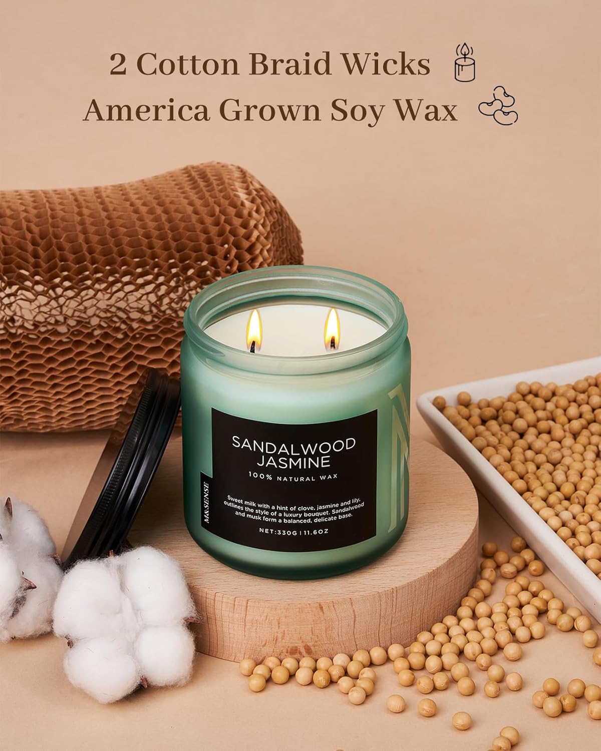M&SENSE Sandalwood Jasmine Scented Candle, 11.6oz 70 Hours Burn Time Clean Non Toxic Natural Soy Wax Candle 2 Cotton Wick Home Decor for Mothers Day & Bathroom Bedroom