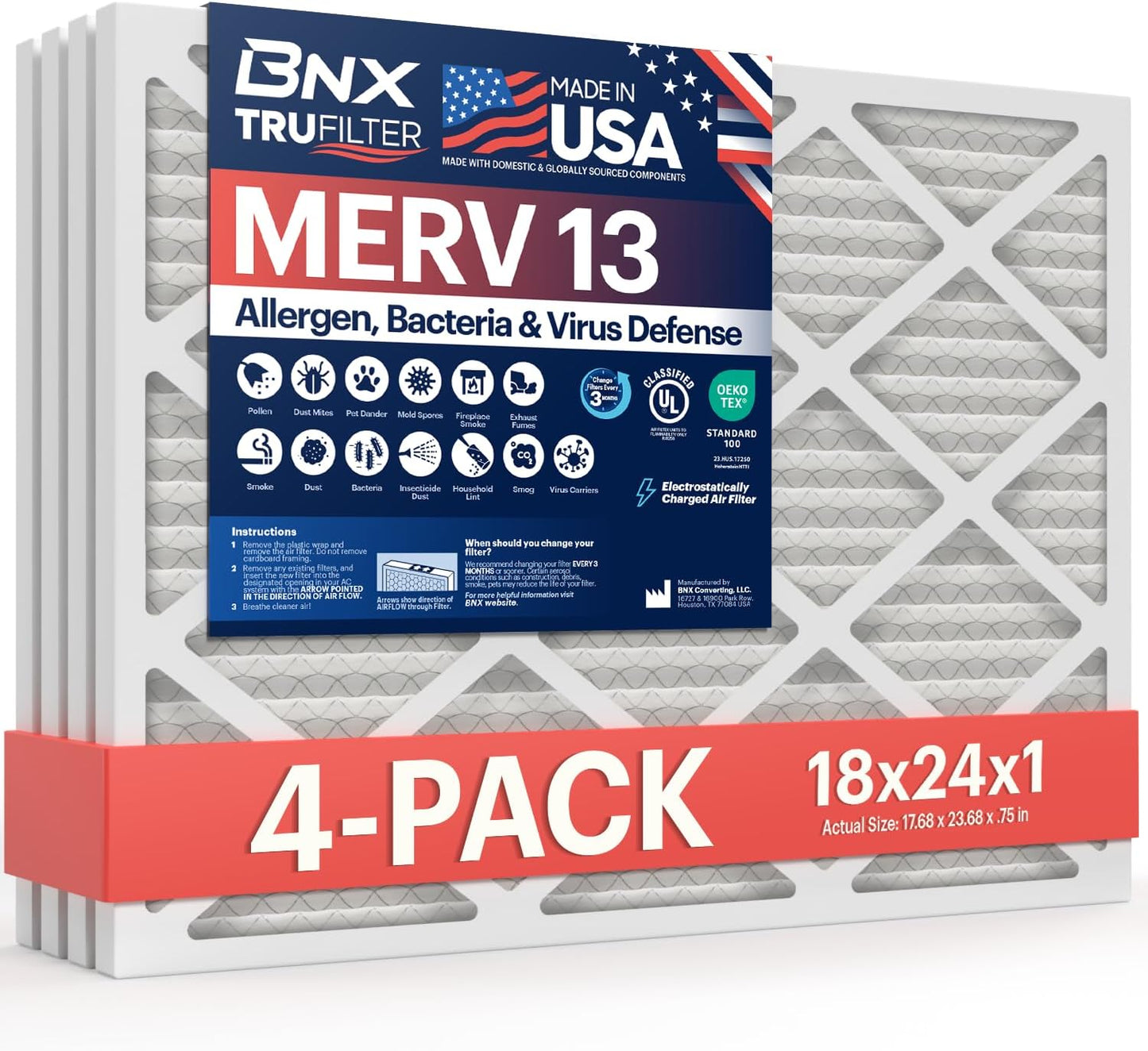 BNX TruFilter 18x24x1 Air Filter MERV 13 (4-Pack) - MADE IN USA - Electrostatic Pleated Air Conditioner HVAC AC Furnace Filters for Allergies, Pollen, Mold, Bacteria, Smoke, Allergen, MPR 1900 FPR 10