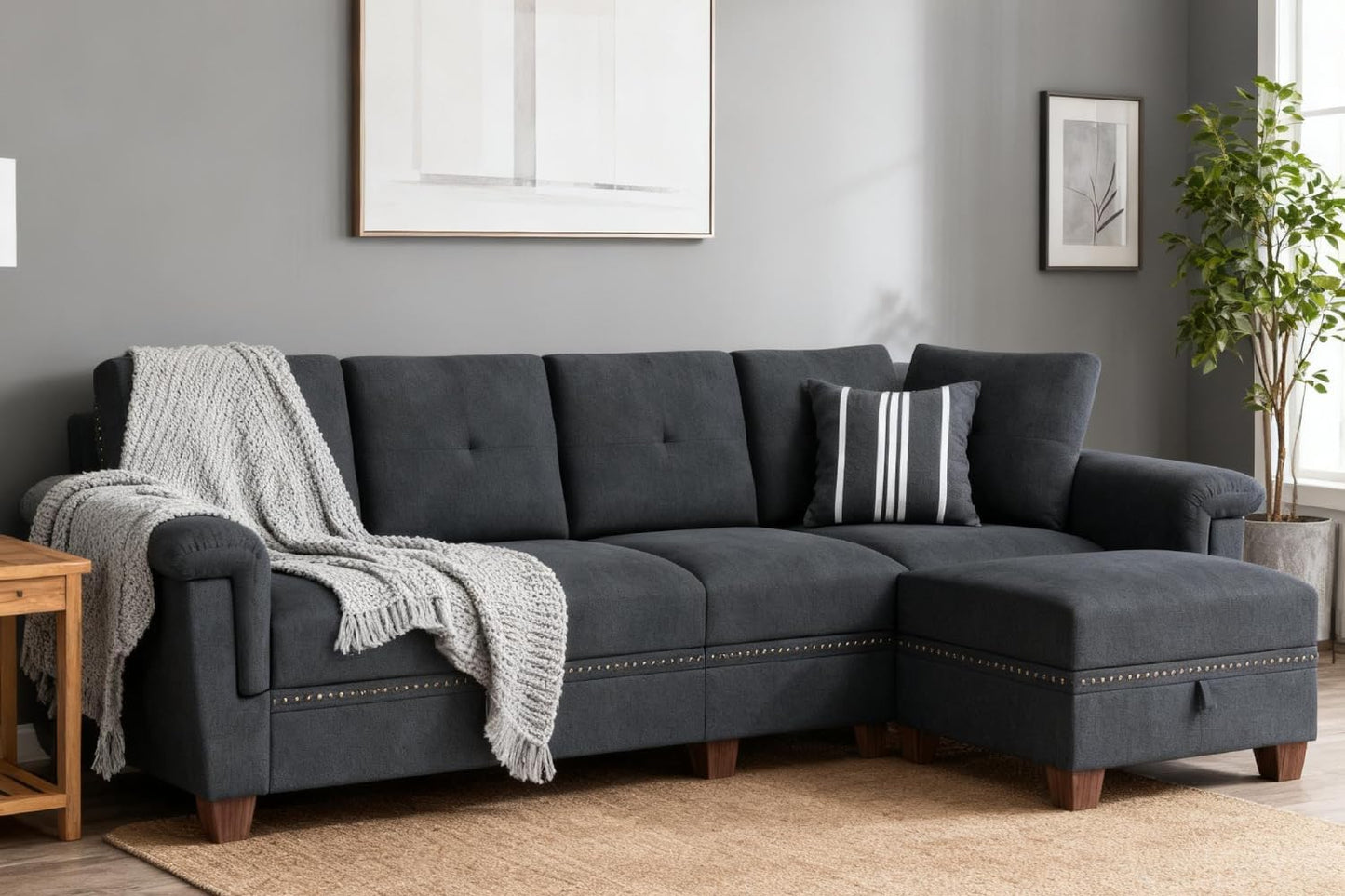 JAMFLY 108" Modular Sectional Sofa with Storage, L Shaped Sofa Couch with Reversible Ottoman, 4-Seat Convertible Sectional Couches with Cup Holders for Living Room, Apartment, Dark Grey