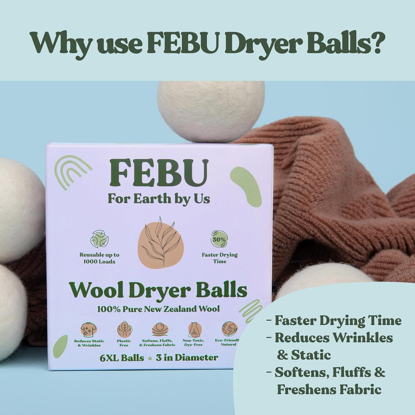 FEBU Wool Dryer Balls, 6-Pack, XL | 100% New Zealand Wool | Natural, Reusable Fabric Softener | Alternative to Dryer Sheets | Reduces Wrinkles, Shortens Drying Time, Zero Waste