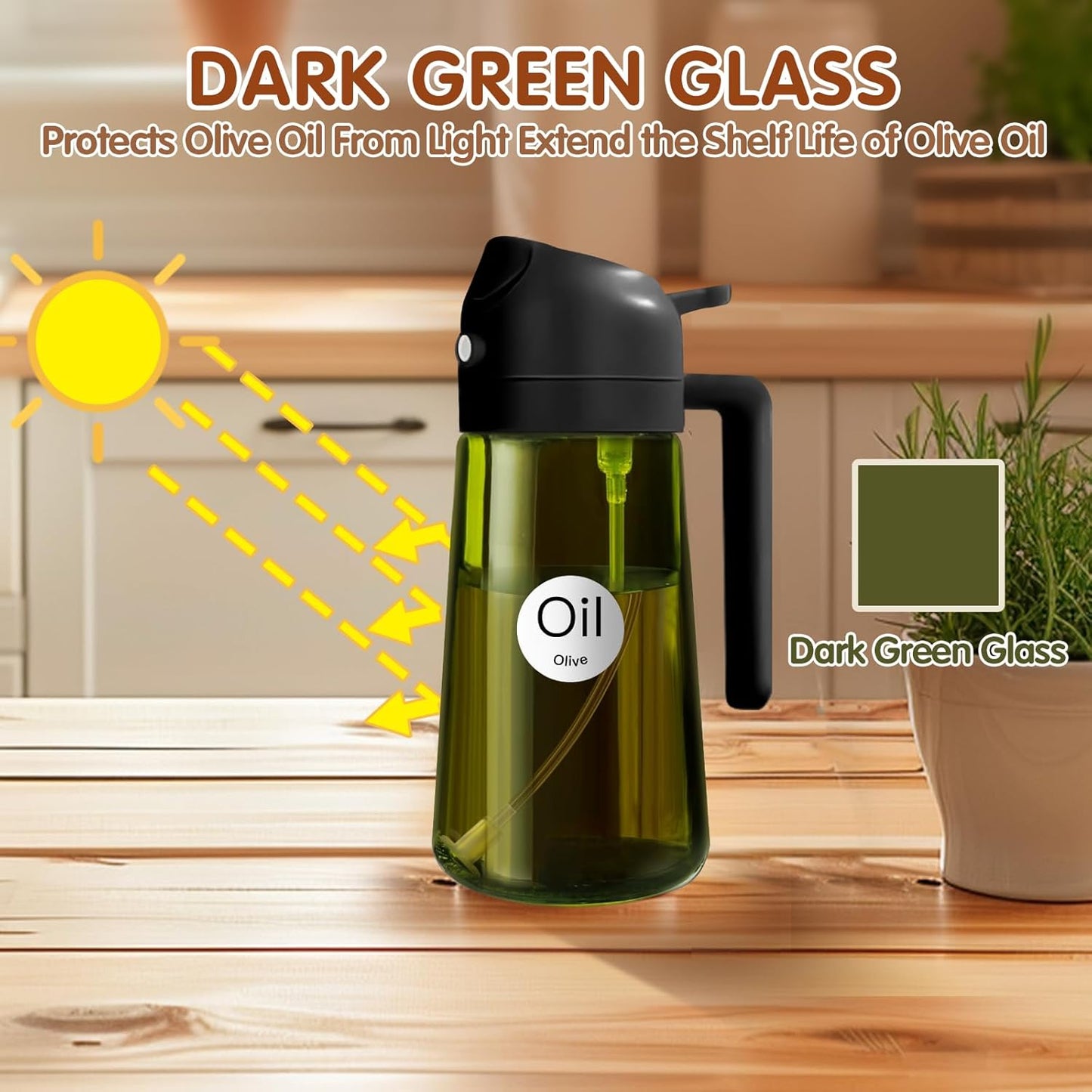 YARRAMATE 16oz/470ml Light-Blocking Dark Oil Sprayer for Cooking, 2 in 1 Olive Oil Dispenser Bottle for Kitchen, Premium Dark Green Glass Oil Bottle, Food-Grade Oil Mister for Air Fryer, BBQ (Black)