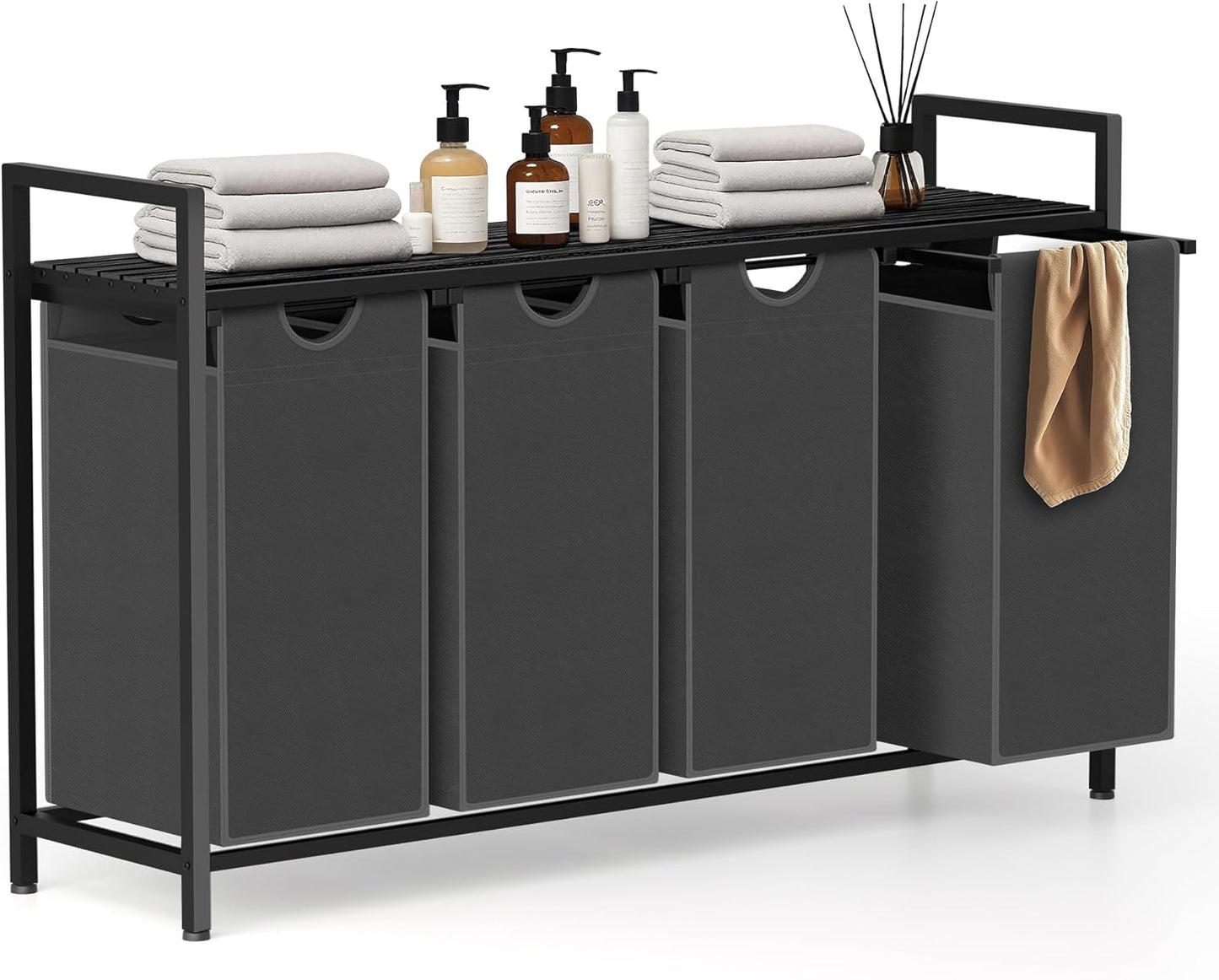 Laundry Hamper, Laundry Sorter with 4 Pull-Out Removable Oxford Fabric Bags Cloth Laundry Basket 4 x 10 Gallons (Grey and Charcoal Black)