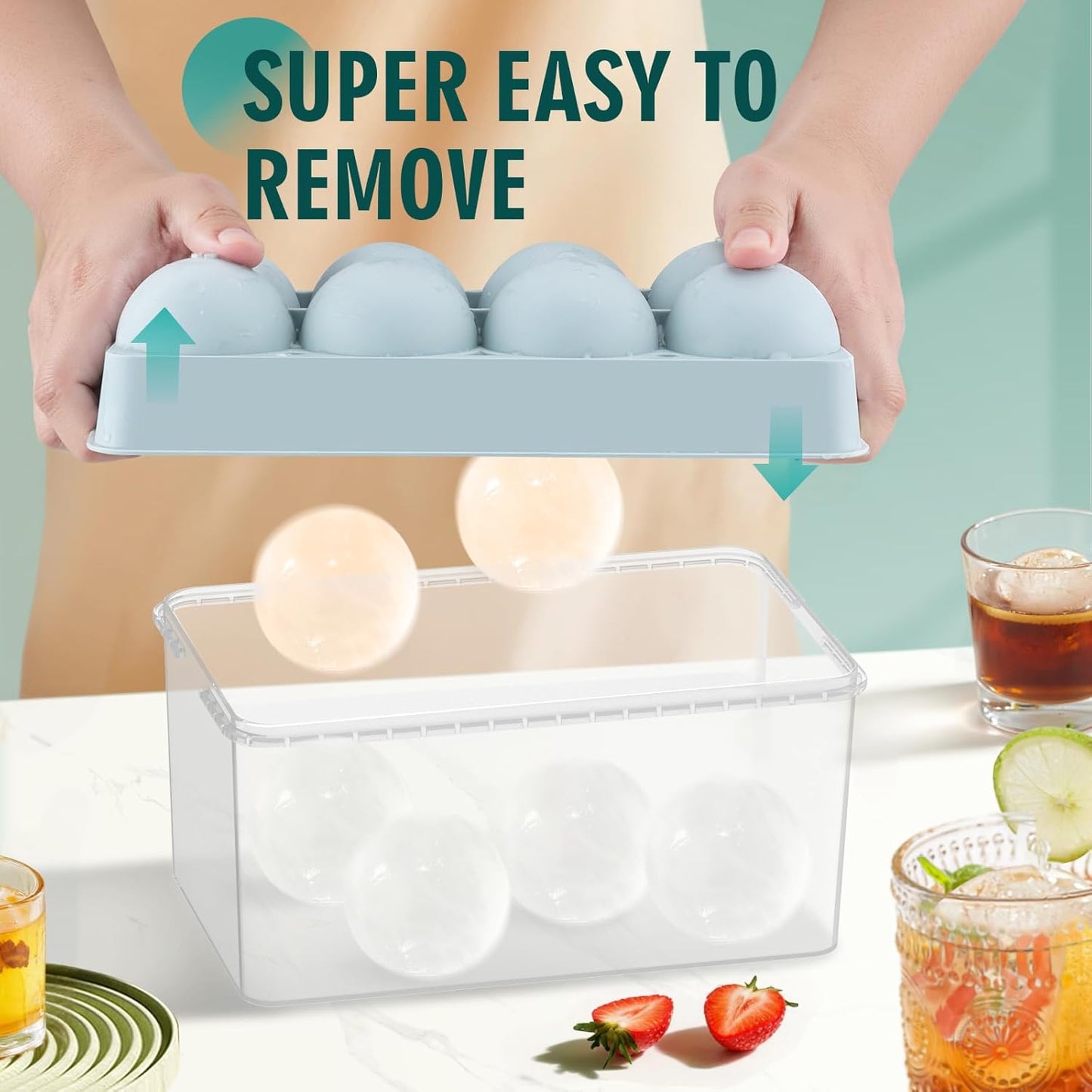 WIBIMEN Large Ice Cube Molds, Big Round Whiskey Ice Cube Trays for Freezer, Easy to Fill & Release, Whiskey Bourbon Cocktail(2.5In*8 Balls- Blue/2 Pack)