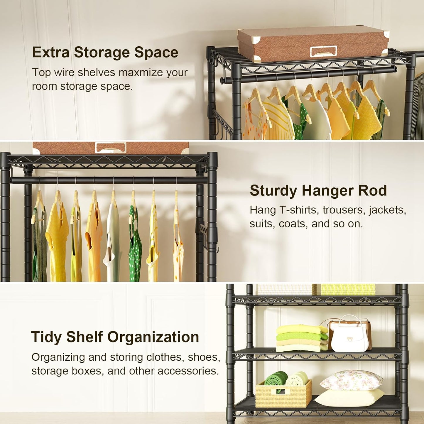 Ulif E1 Heavy Duty Closet Garment Rack, 6 Tiers Adjustable Metal Freestanding Expandable Clothing Storage with 4 Hanger Rods, Easy to Assemble Wardrobe, 71.4" H x (70" - 88.2") L x 14" D, Black