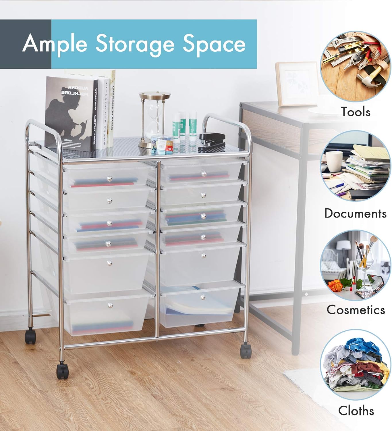 GOFLAME 12-Drawer Rolling Storage Cart, Multipurpose Organizer Cart with 2 Sizes Plastic Drawers, Mobile Utility Cart with Lockable Casters for School, Home Office, Beauty Salon, Clear