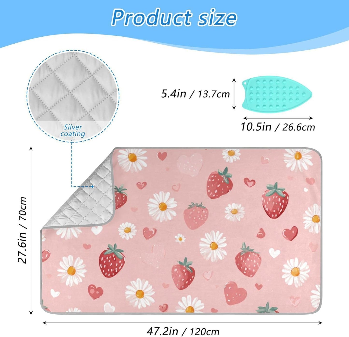 Pink Floral Strawberry Hearts Ironing Mat for Table top Portable Ironing Pad Blanket for Washer Dryer Countertop Travel