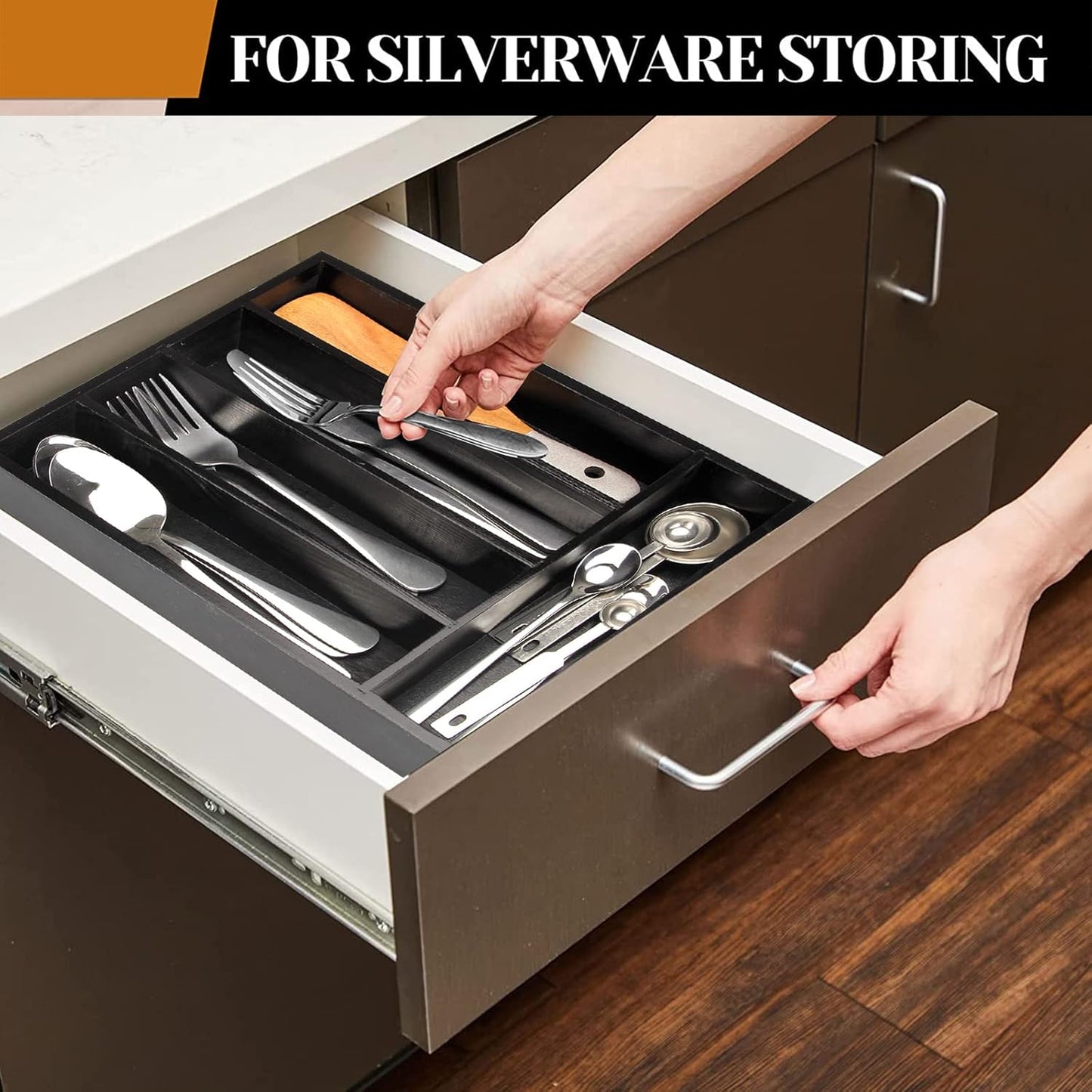 Small Kitchen Utensil Organizer Wooden Cutlery Tray Narrow Wood Silverware Holder Drawer Divider Flatware Organizer Storage Silverware Utensils Tray Black Bamboo Spoon Cutlery Organizer for Drawer