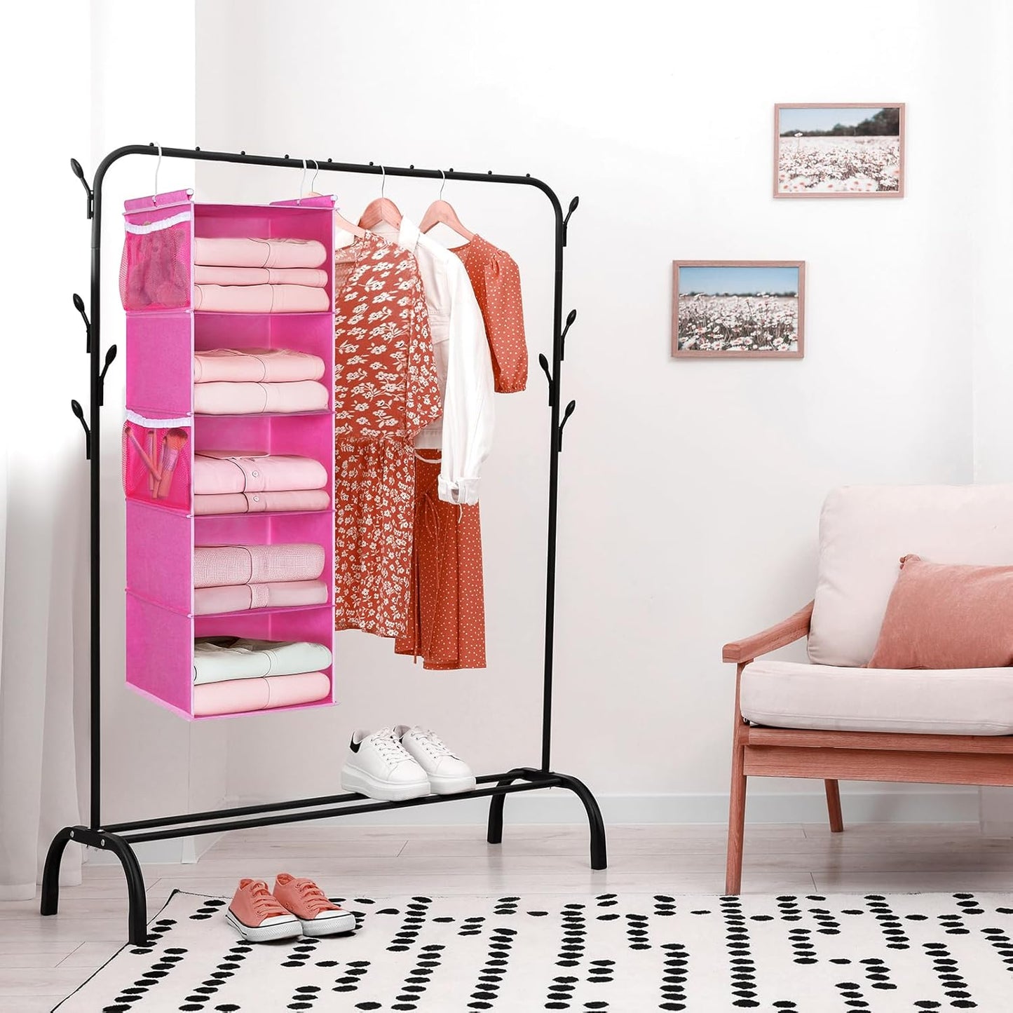 MAX Houser 5-Shelf Hanging Closet Organizer, Hanging Storage Shelves with 4 Side Pockets Space-Saving for Bedroom, Foldable (Pink)