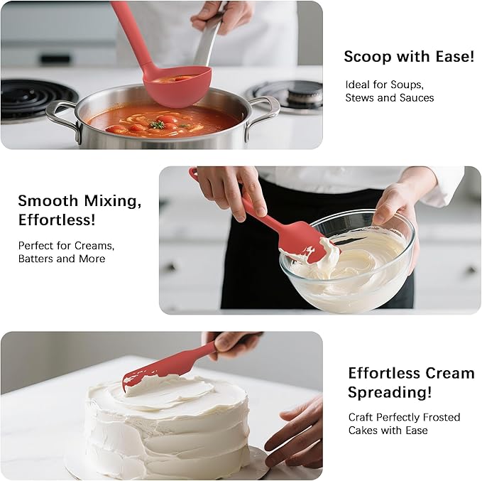 Coukre Silicone Kitchen Cooking Utensils Set with Holder – Heat-Resistant, Food-Grade Kitchen Tools, Spatula, Spoon & Gadgets for Non-Stick Pans, Dishwasher Safe (14, PureRed)