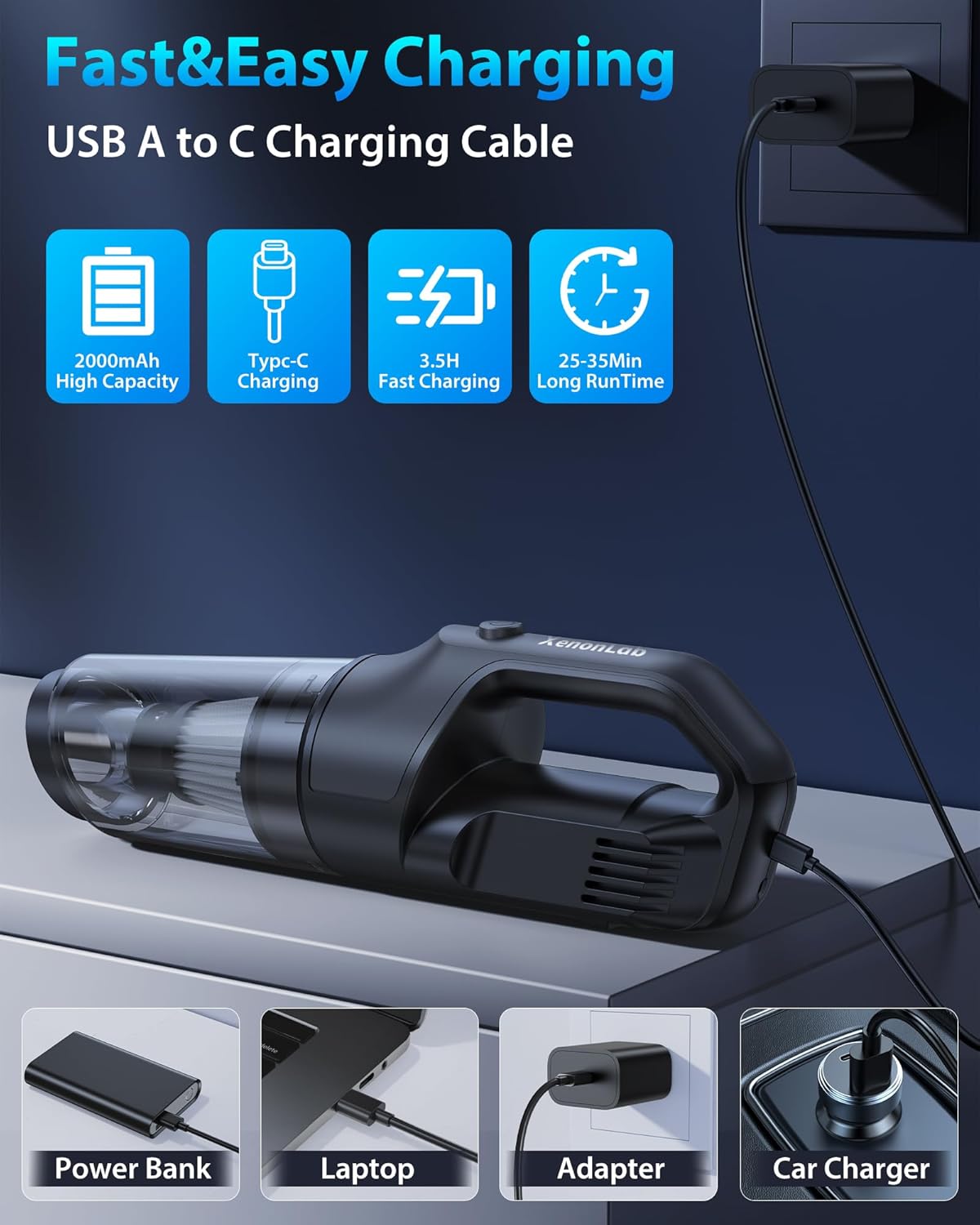 Handheld Vacuum Cordless 1.1 Pounds Car Vac 10000PA Hand Held Vacuums 4-in-1 Hand Vac Cordless Rechargeable HEPA Filter Large Capacity Dust Cup for Car Office Home Pets Hair (Gray)