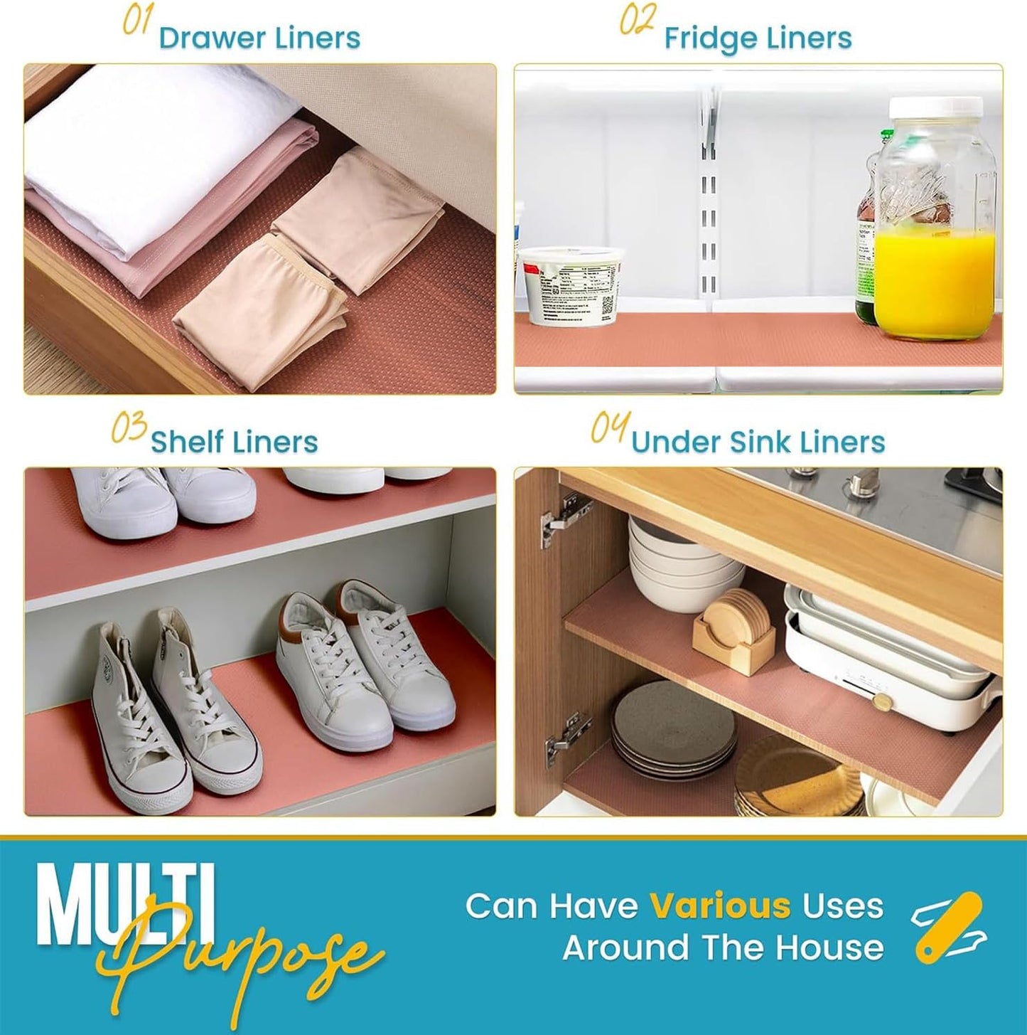 Refrigerator Liners for Shelves by Linda’s Essentials - Easy to Clean Fridge Liner with Spill Protection Fridge Shelf Liners & Drawer Liner, Nonslip BPA-Free Refrigerator Mats (Pink Roll)