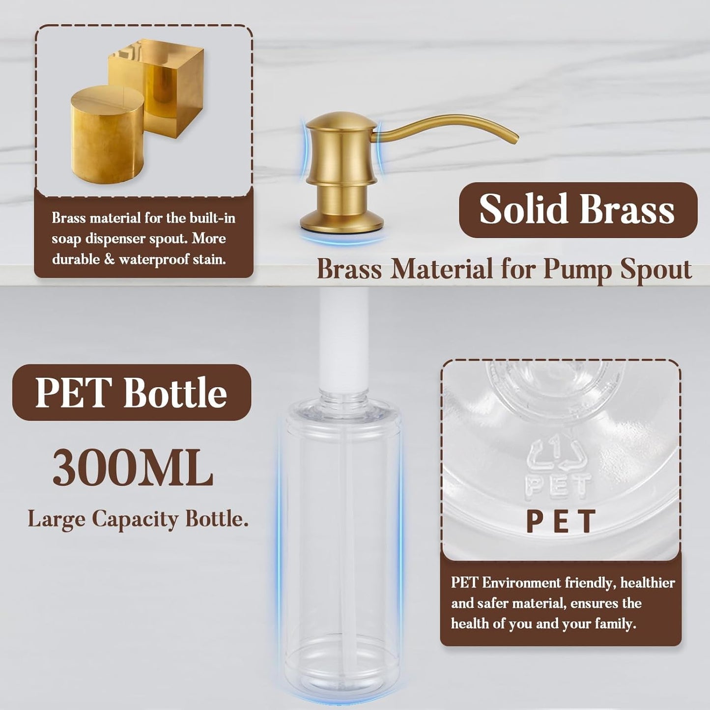 Built in Soap Dispenser for Kitchen Sink Countertop, Solid Brass Pump Head Long Spout with 10.2 Ounce PET Food Safe Material Lotion Bottle, Brushed Gold Finish