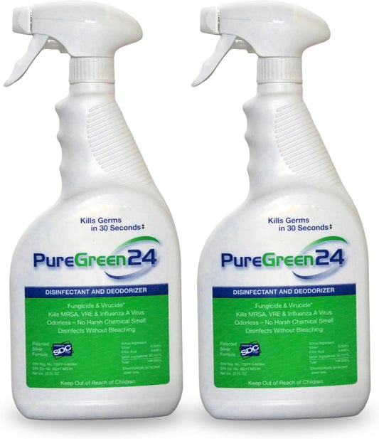 PureGreen24 Safe & Effective Disinfectant. Kills Deadly Germs including RSV COVID-19 Norovirus MRSA Staph 2025 flu Bird flu Contains no toxic chemicals odorless child & pet safe 2 32oz spray bottles